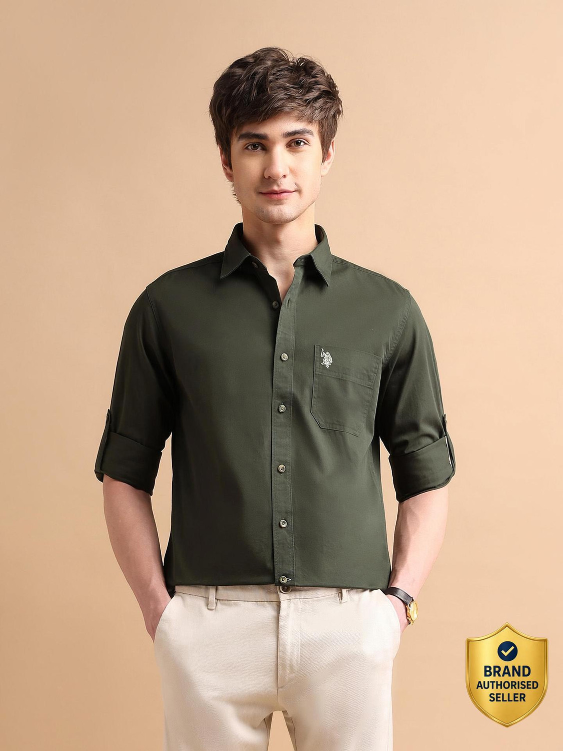 Image of U.S. POLO ASSN. Men Slim Fit Solid Spread Collar Casual Shirt