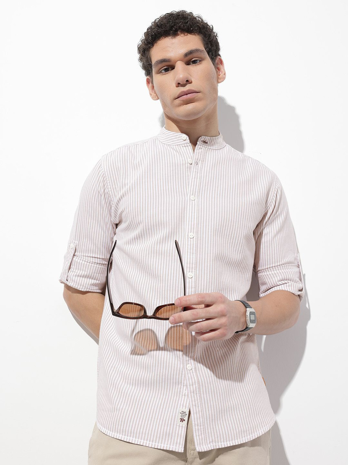 Image of Roadster Men Regular Fit Solid Mandarin Collar Casual Shirt