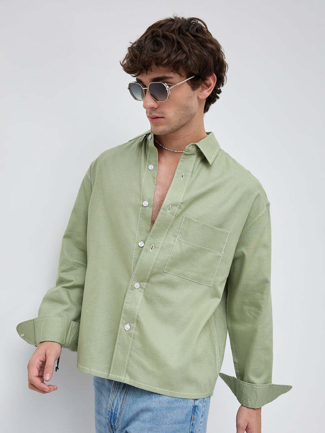 Image of VASTRADO Men Oversized Fit Solid Cut Away Collar Casual Shirt