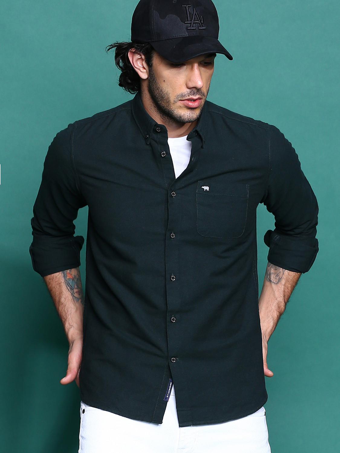 Image of THE BEAR HOUSE Men Slim Fit Solid Spread Collar Casual Shirt