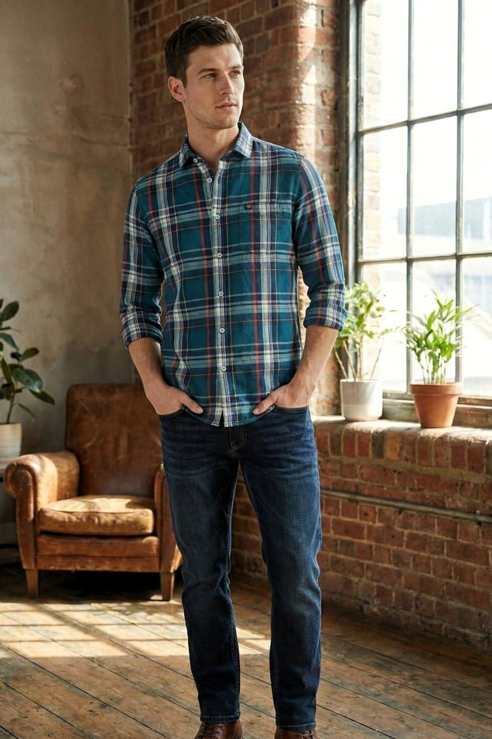 Image of Garry Richards Men Regular Fit Checkered Spread Collar Casual Shirt