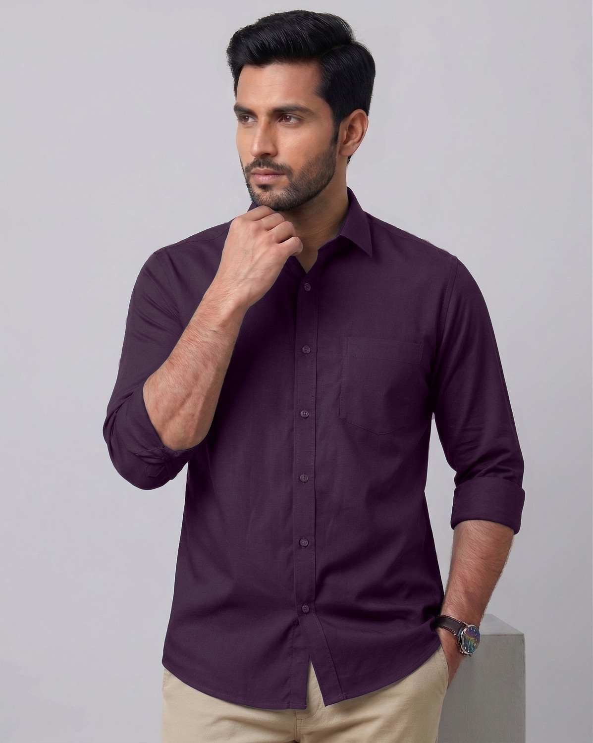 Image of VODPROS Men Regular Fit Solid Curved Collar Casual Shirt