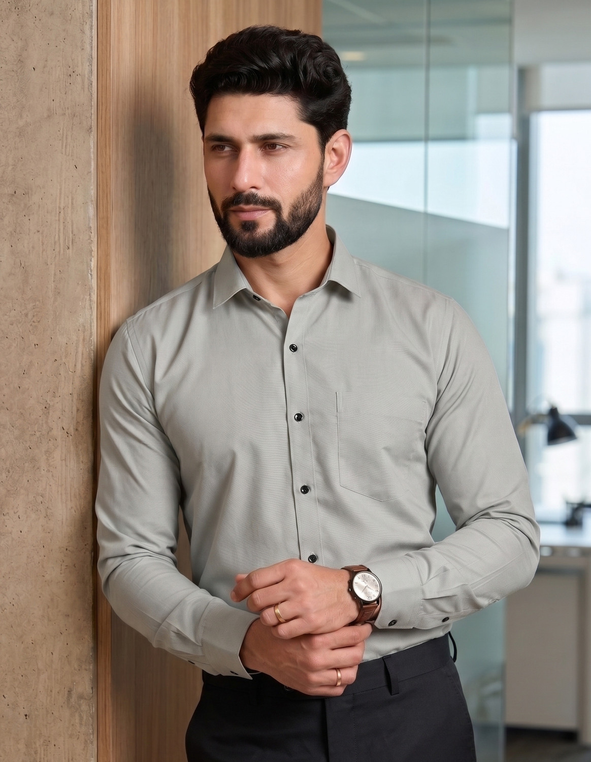 Image of FIBERMILL Men Slim Fit Solid Spread Collar Formal Shirt
