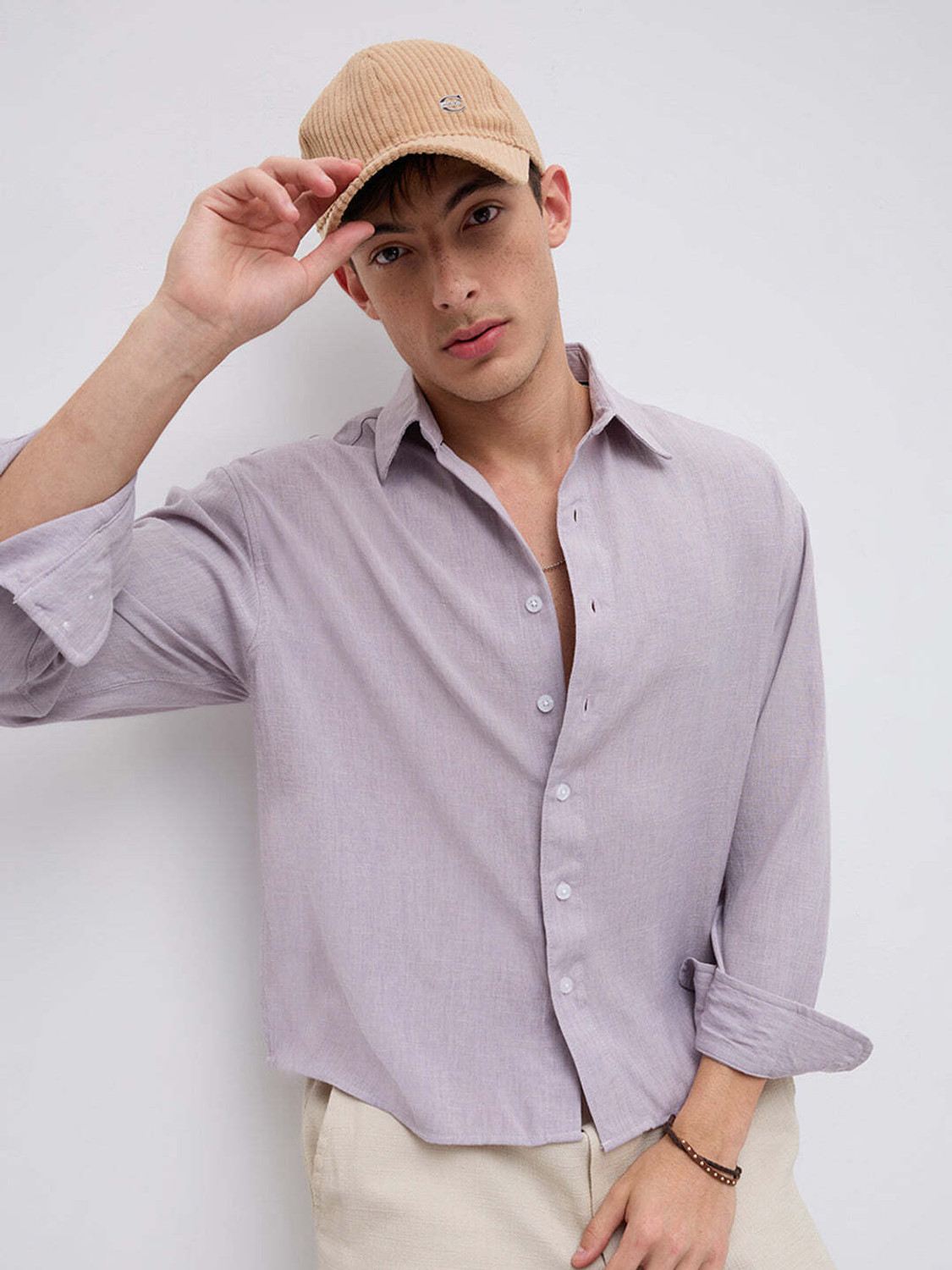 Image of VASTRADO Men Oversized Fit Solid Cut Away Collar Casual Shirt