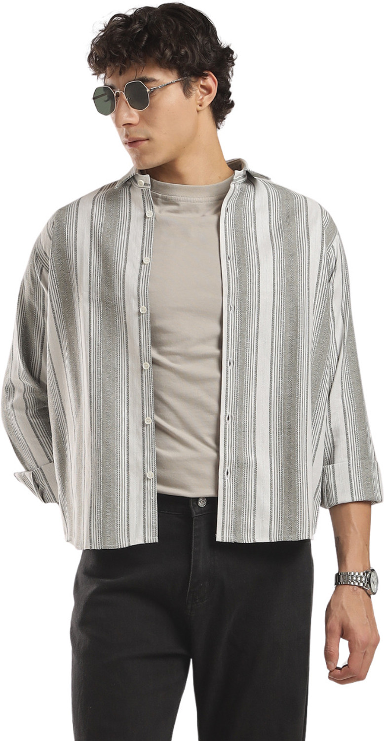 clovaculture Men Striped Casual White, Grey Shirt - Image 6