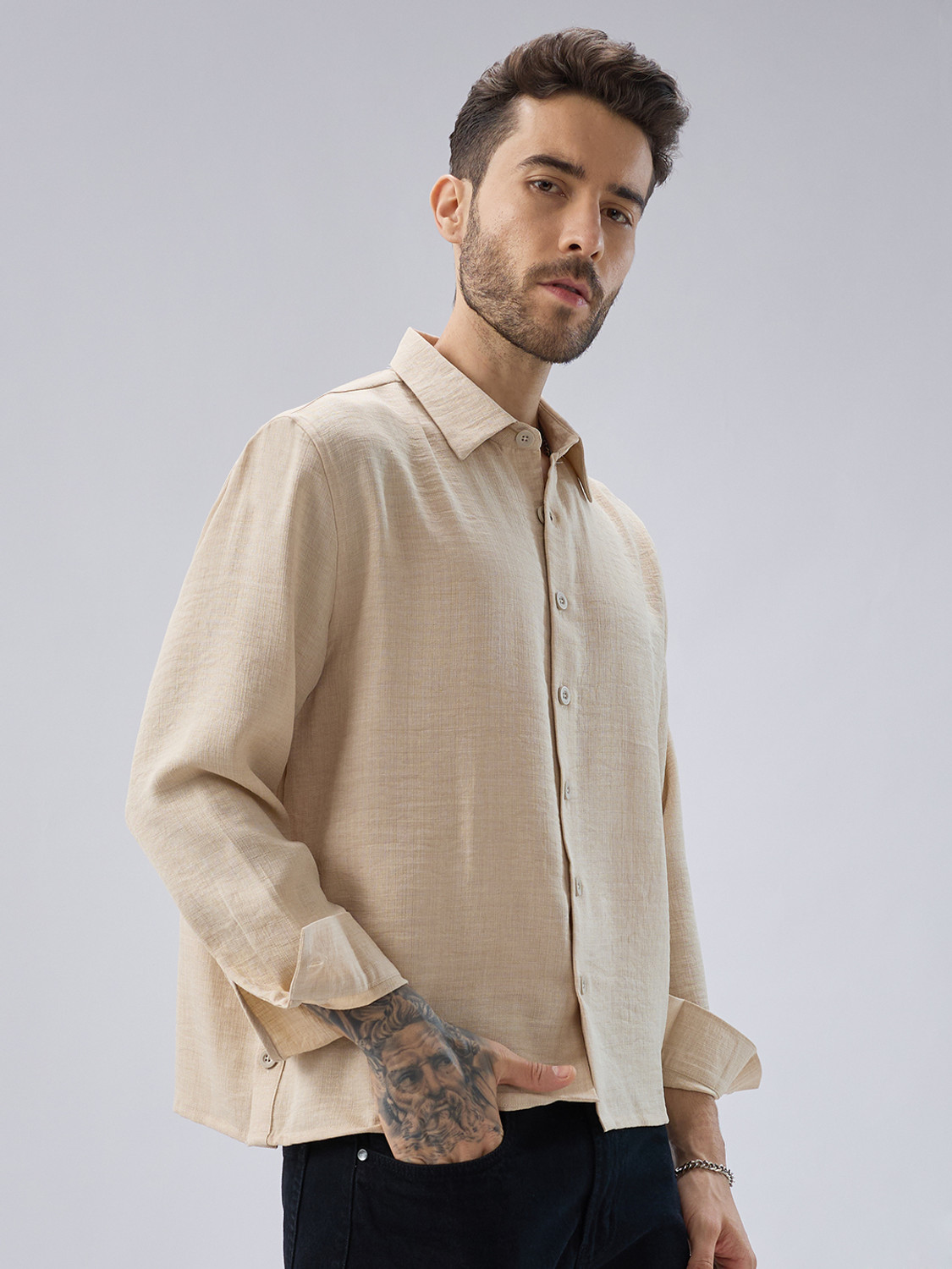 Image of VASTRADO Men Boxy Fit Self Design Cut Away Collar Casual Shirt