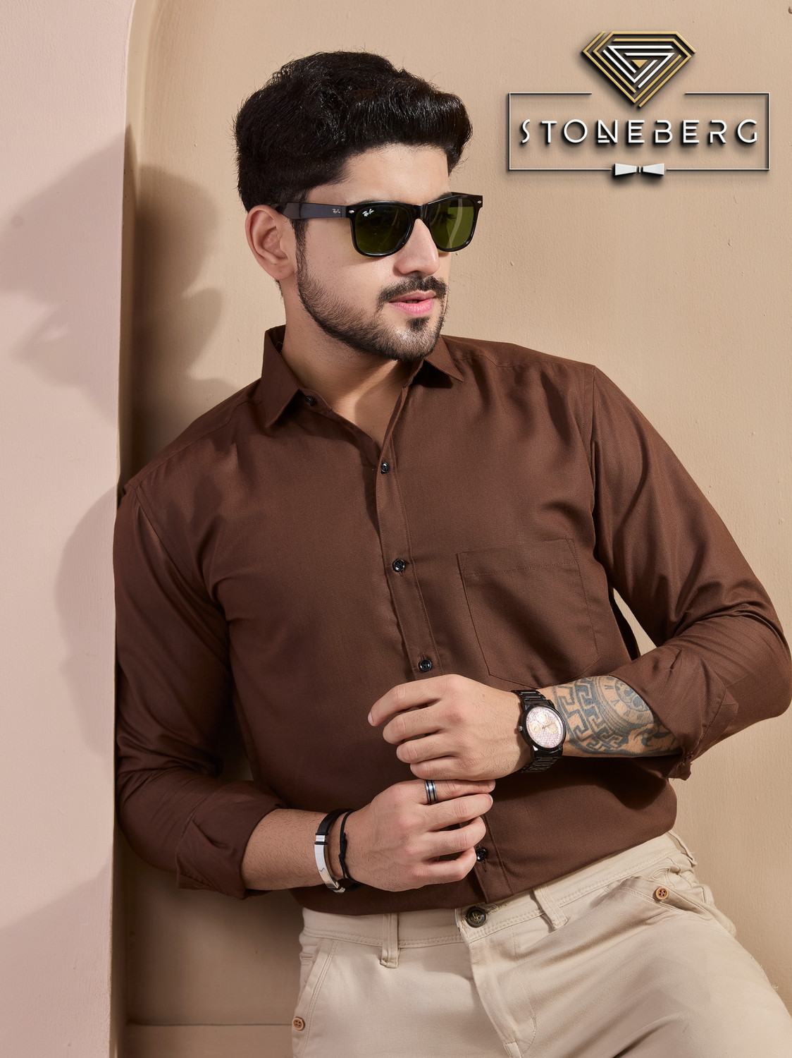 STONEBERG Men Solid Brown Shirt - Image 6