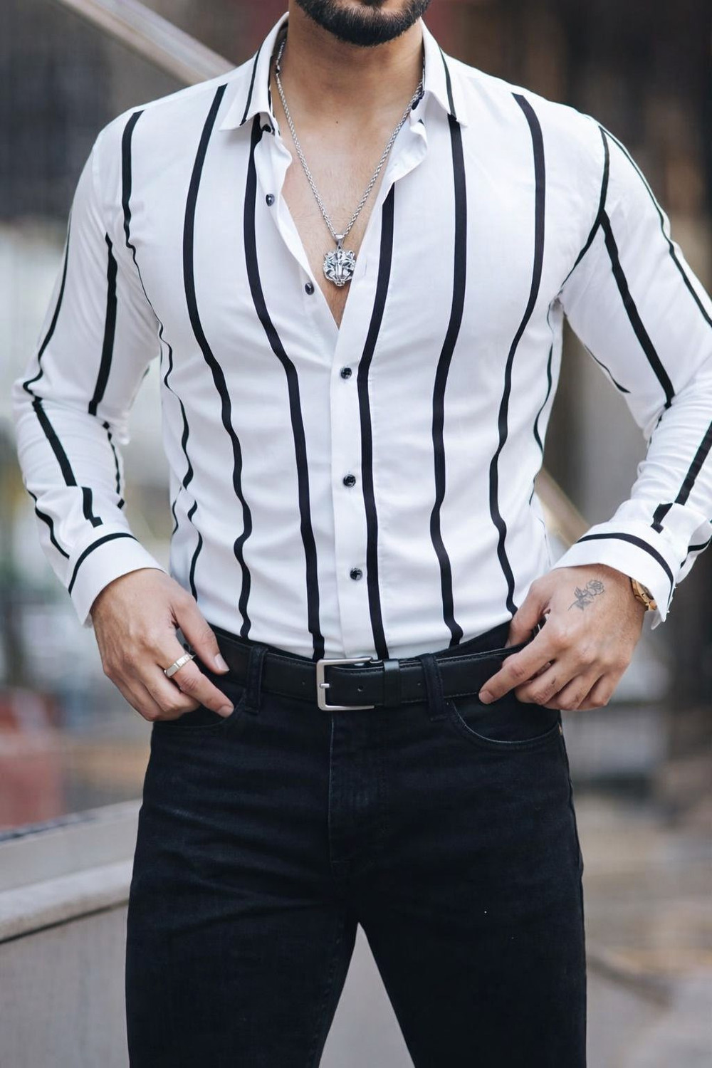Image of The TallMann Club Men Regular Fit Striped Slim Collar Casual Shirt