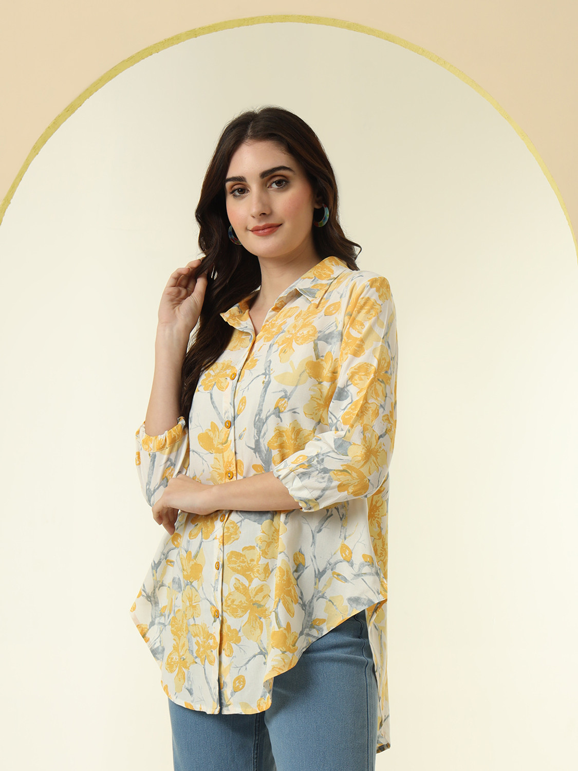 Image of Nayam By Lakshita Women Regular Fit Embroidered Mandarin Collar Casual Shirt
