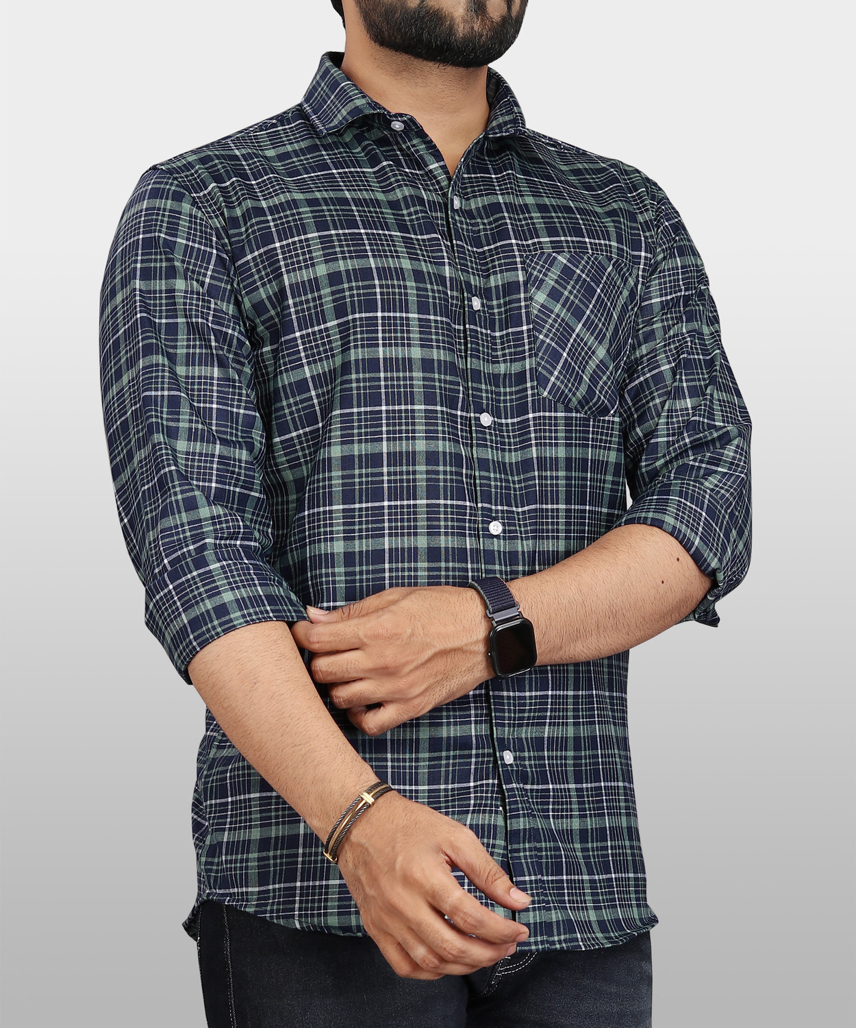 Image of VeBNoR Men Regular Fit Checkered Spread Collar Formal Shirt