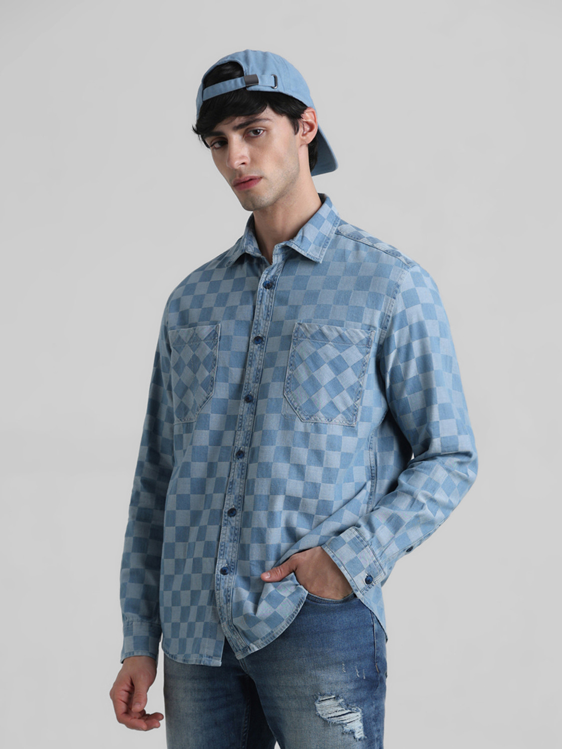 Image of JACK & JONES Men Regular Fit Checkered Spread Collar Casual Shirt