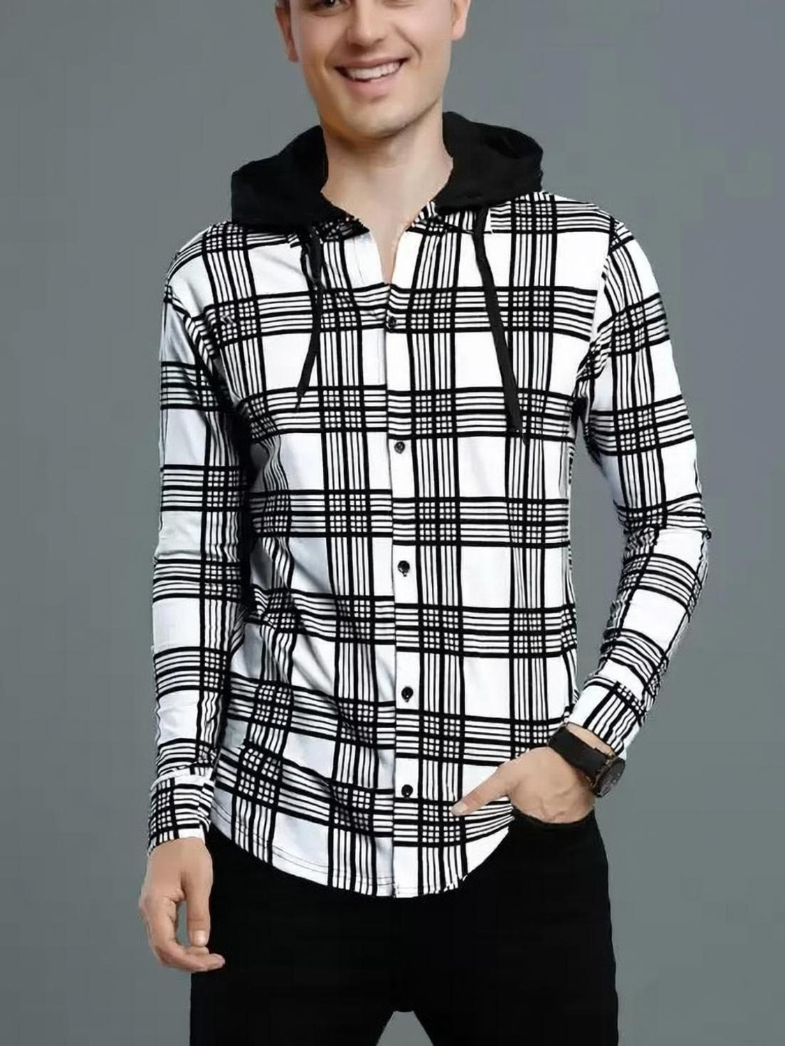 Image of OSCILLATE Men Regular Fit Checkered Hood Collar Casual Shirt