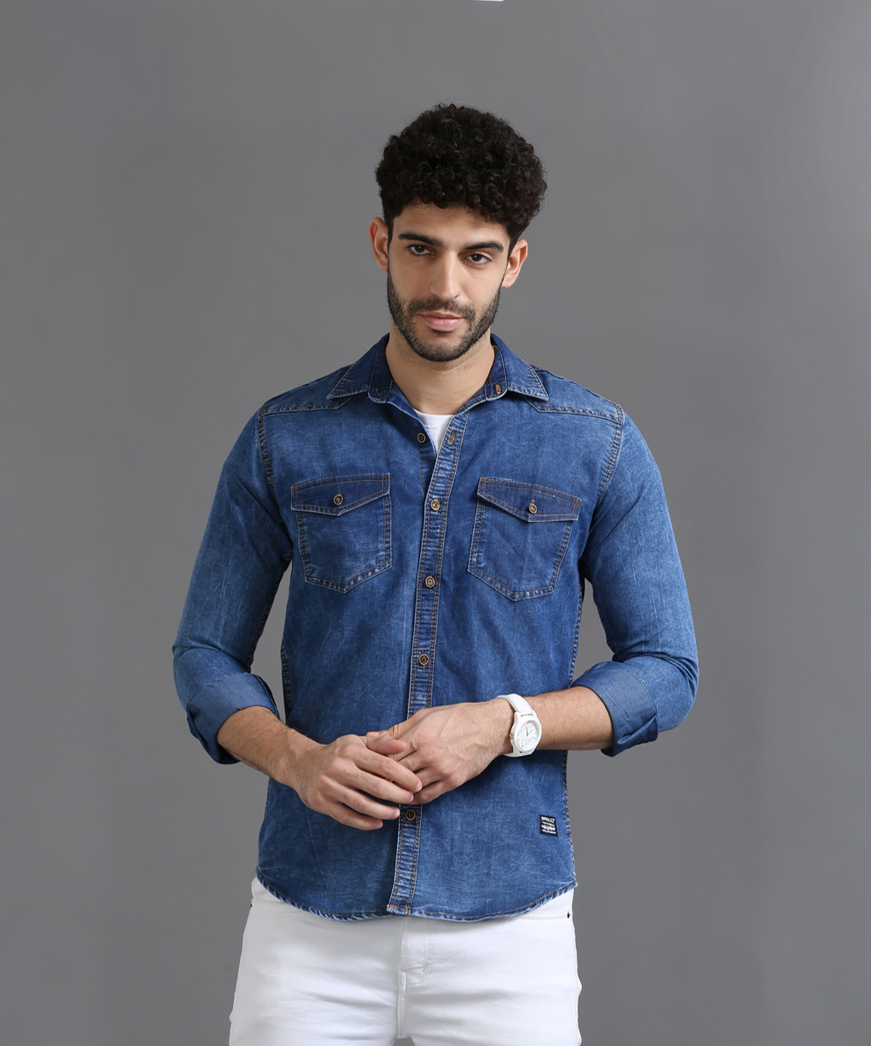 Image of AIDAN PAUL Men Regular Fit Washed Spread Collar Casual Shirt