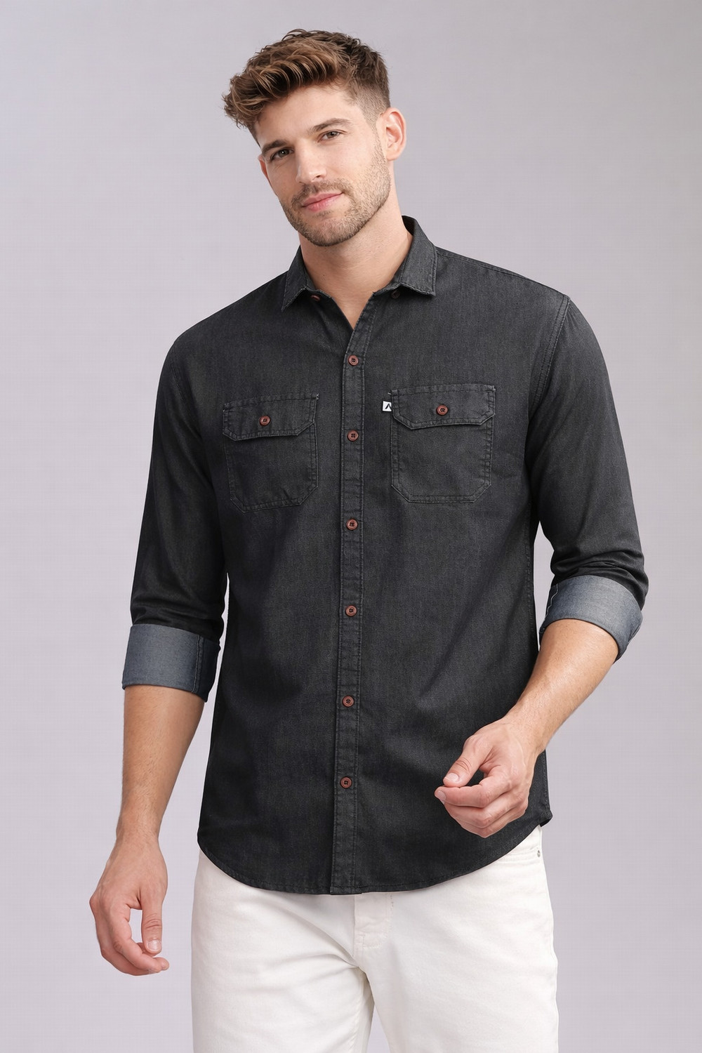 Image of AIDAN PAUL Men Regular Fit Washed Cut Away Collar Casual Shirt