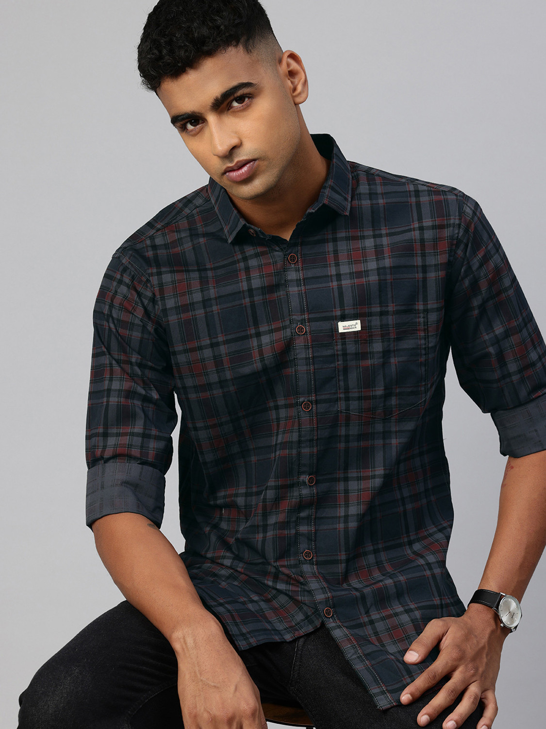 Image of Majestic Man Men Slim Fit Checkered Spread Collar Casual Shirt
