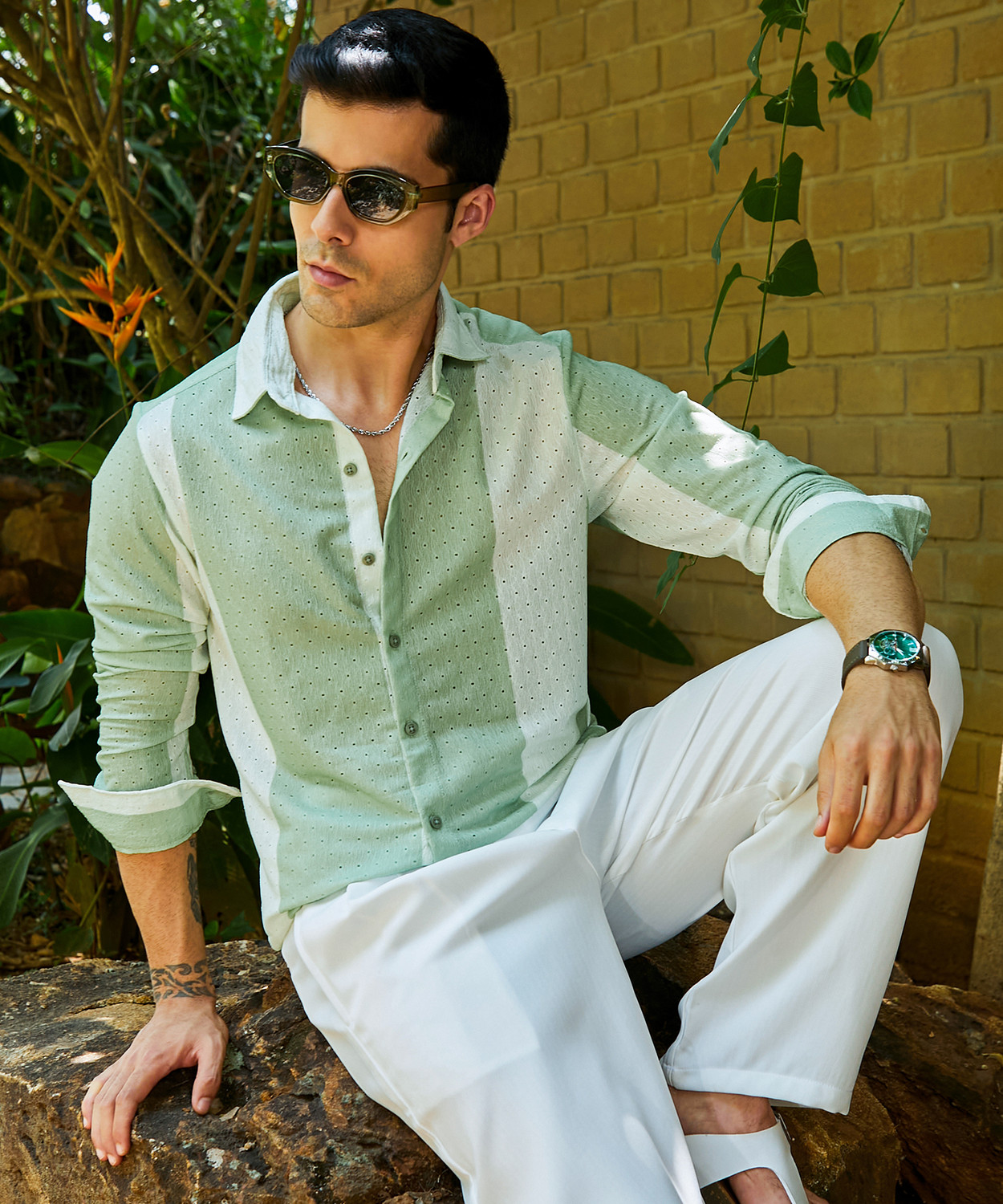 Image of french crown Men Regular Fit Printed Mandarin Collar Casual Shirt