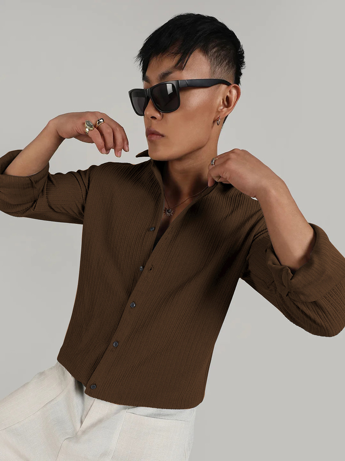 Image of VASTRADO Men Regular Fit Solid Cut Away Collar Casual Shirt