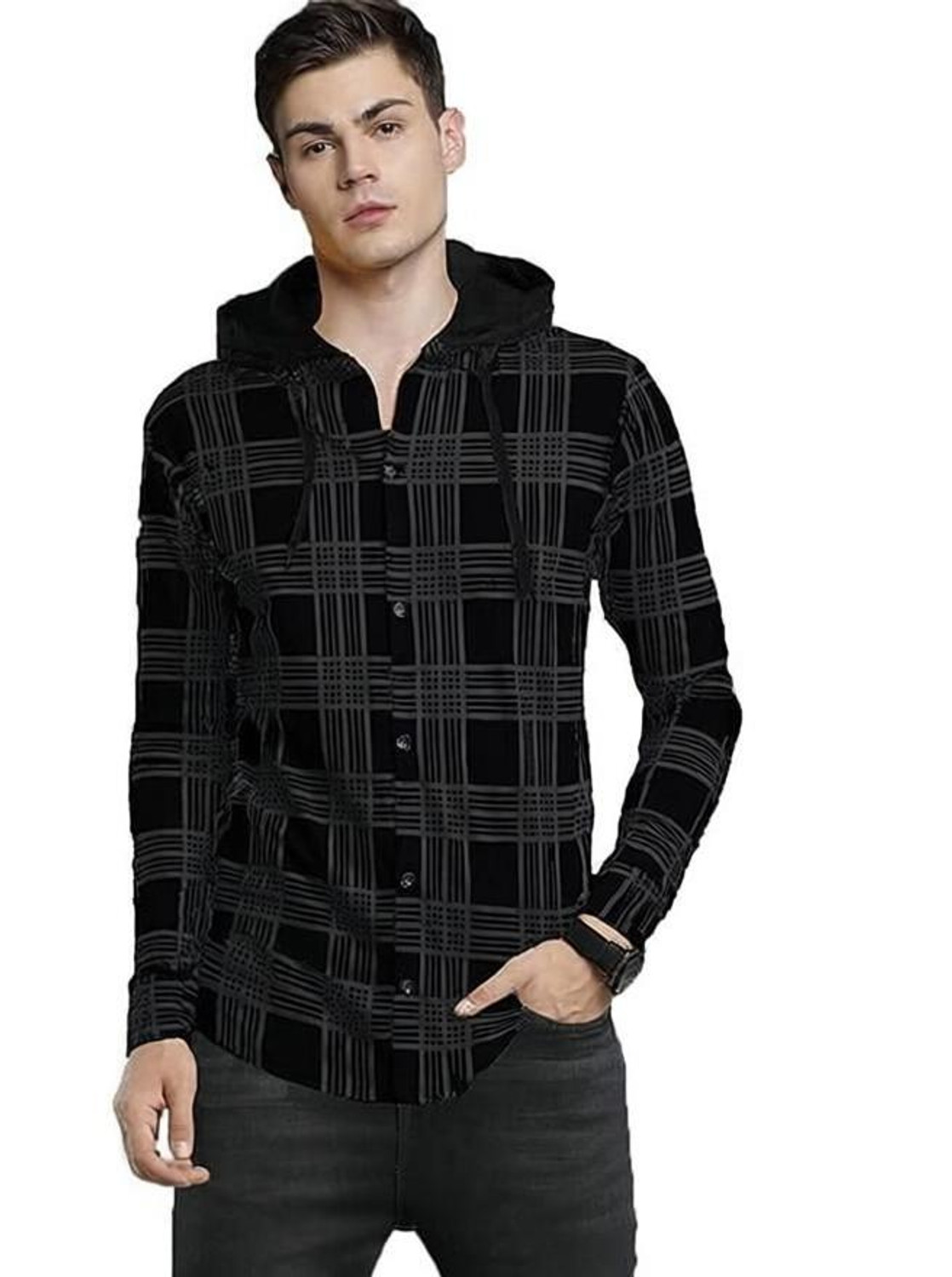Image of OSCILLATE Men Regular Fit Checkered Hood Collar Casual Shirt