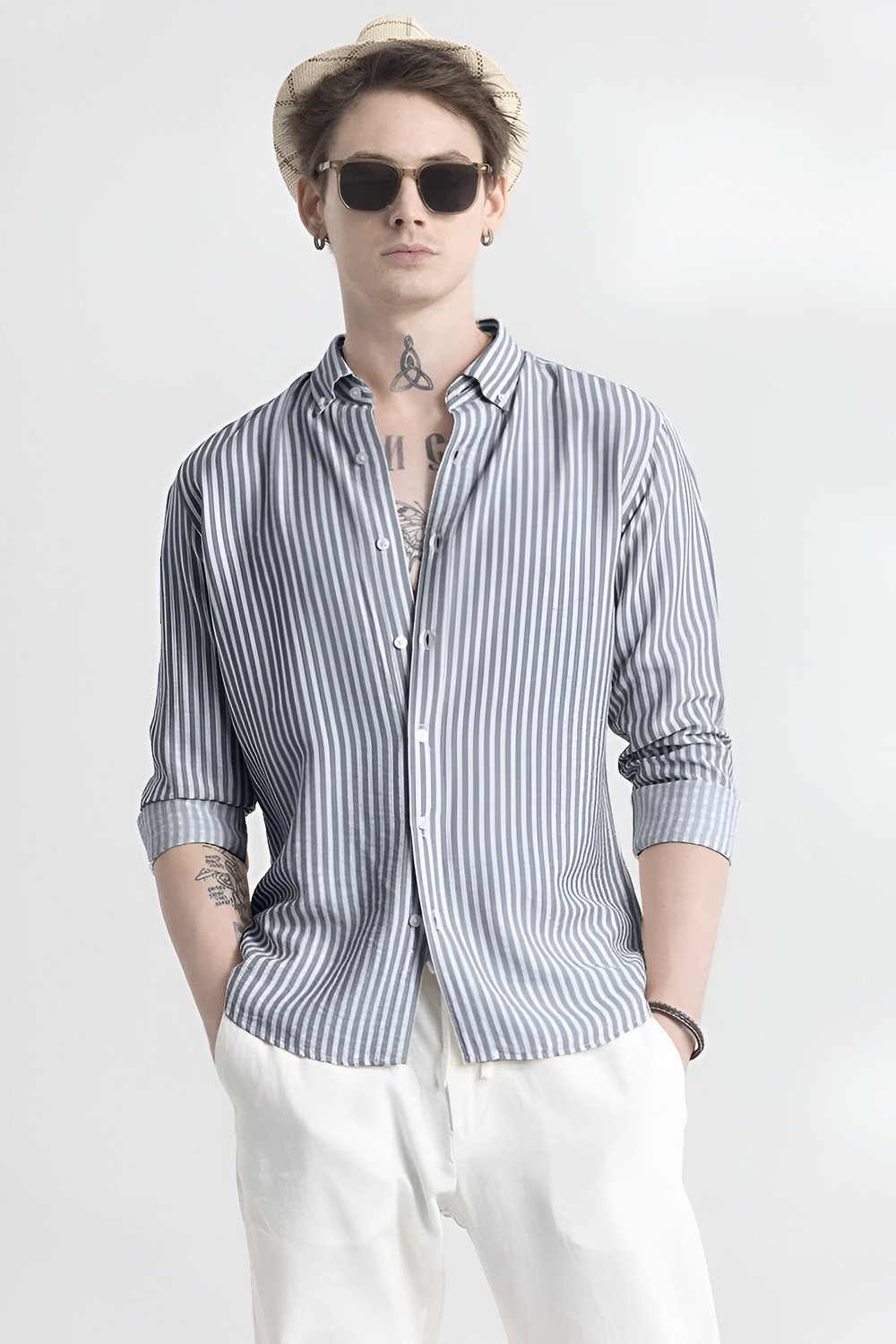 RODEIZ Men Striped Casual Grey Shirt Price in India - Buy RODEIZ Men Striped...
