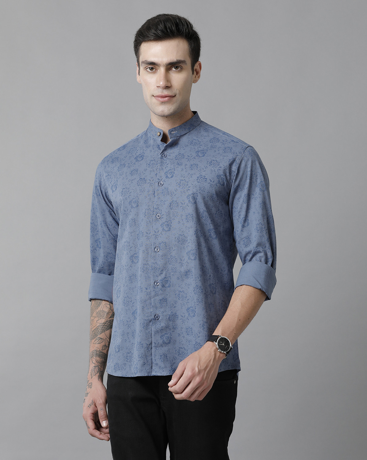 Image of CAVALLO BY LINEN CLUB Men Slim Fit Printed Mandarin Collar Casual Shirt