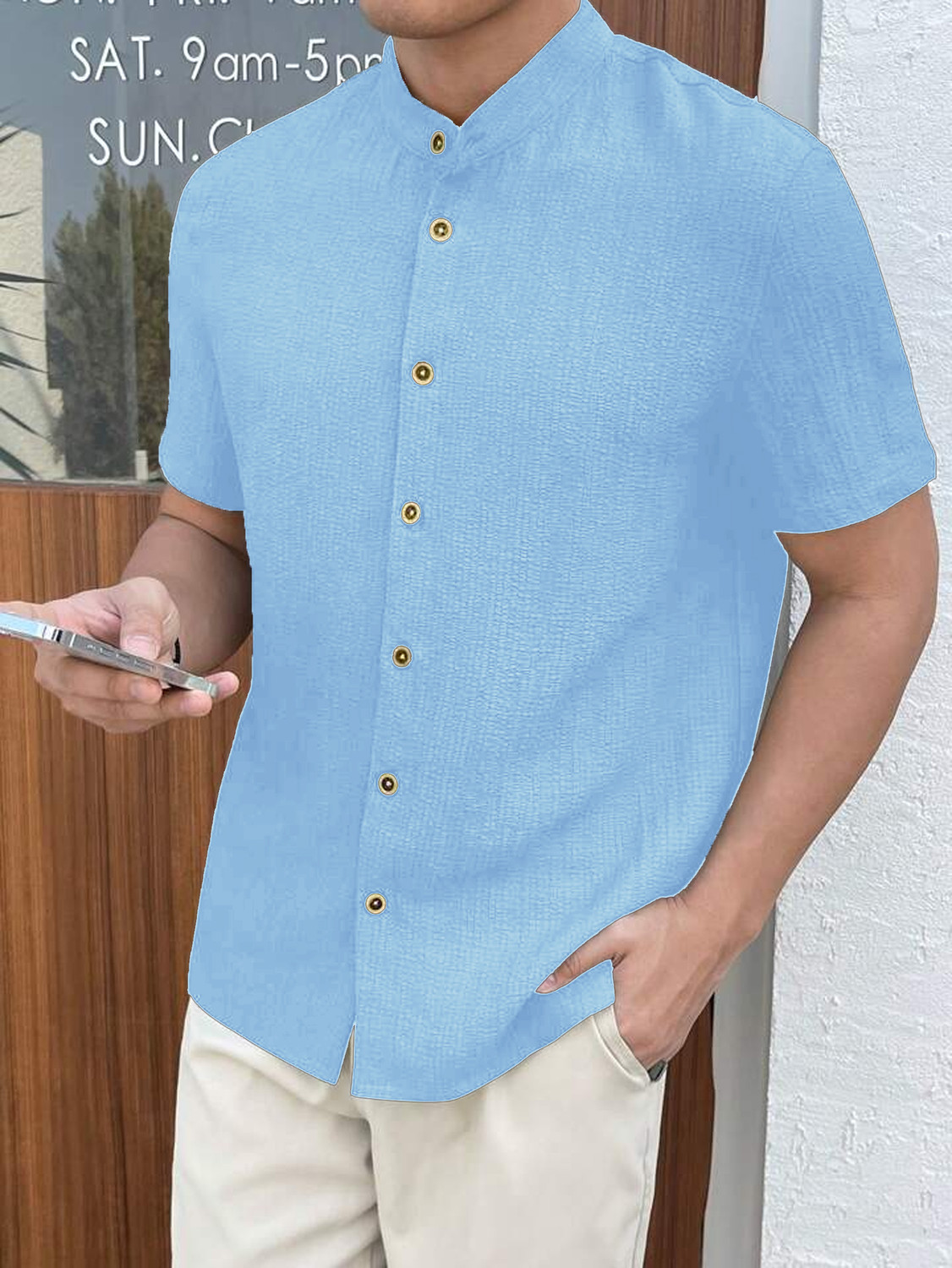 Image of JINIK Men Regular Fit Self Design Mandarin Collar Casual Shirt