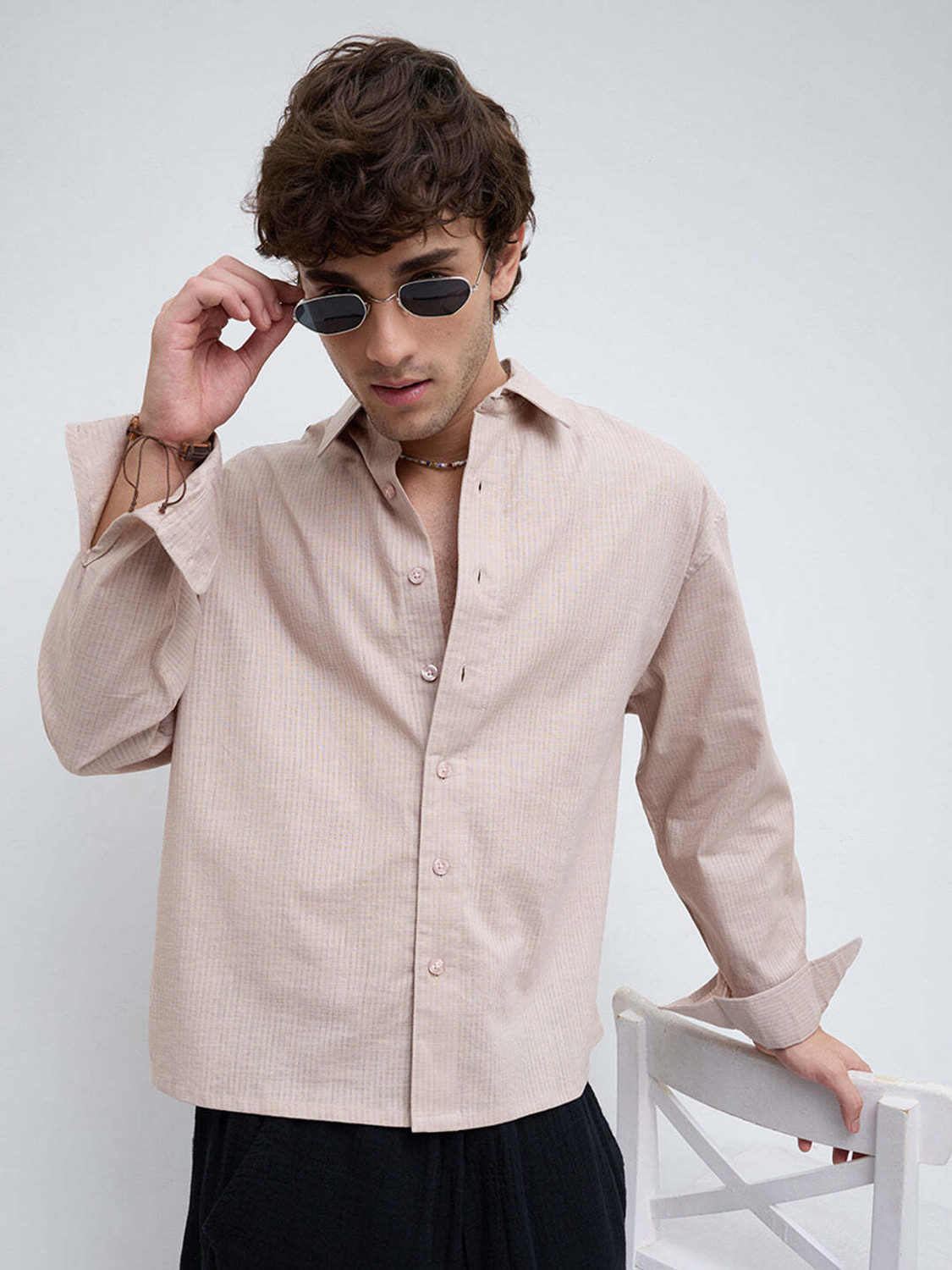 Image of VASTRADO Men Oversized Fit Solid Cut Away Collar Casual Shirt