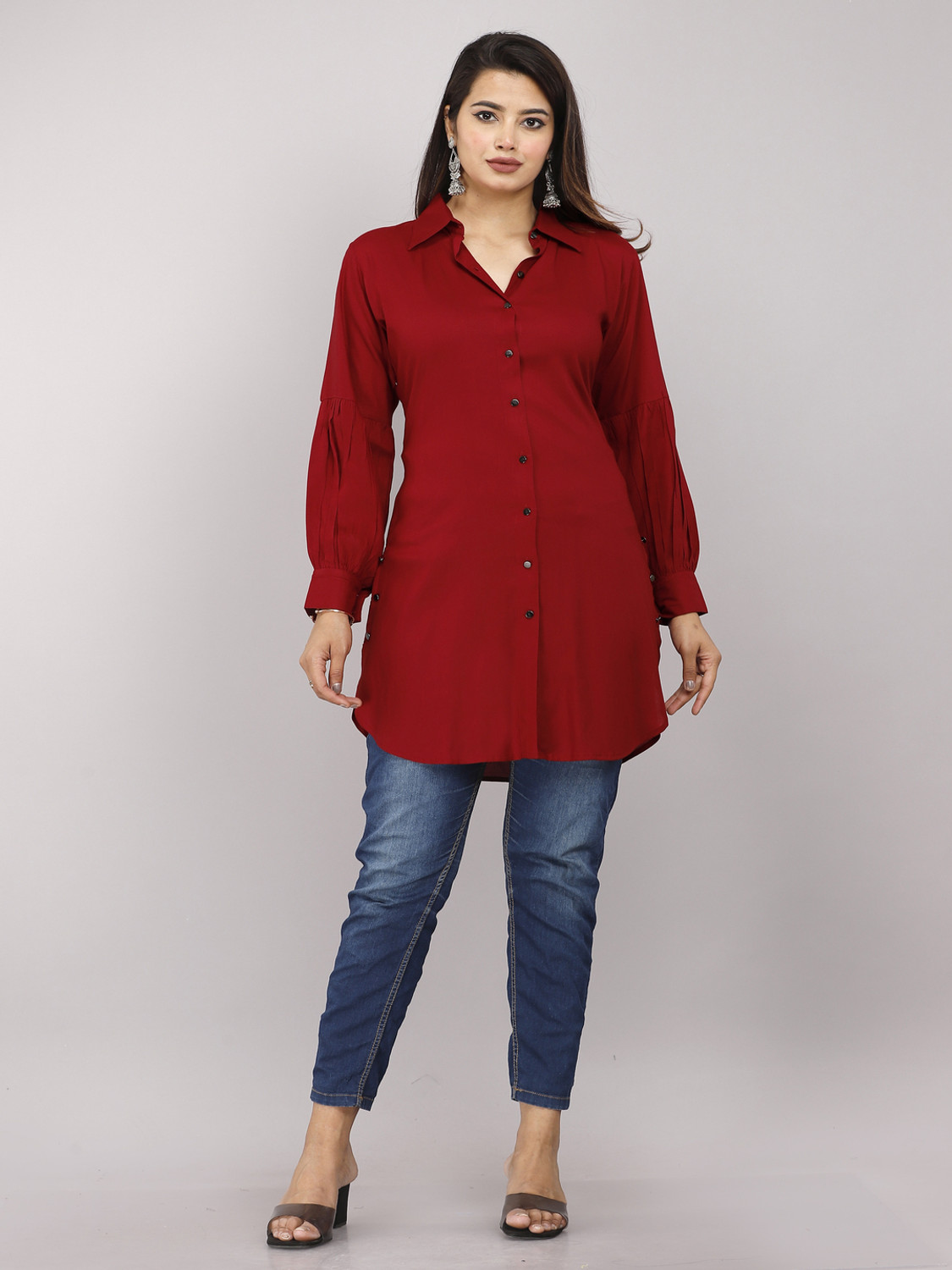 Image of Nayam By Lakshita Women Regular Fit Embroidered Mandarin Collar Casual Shirt