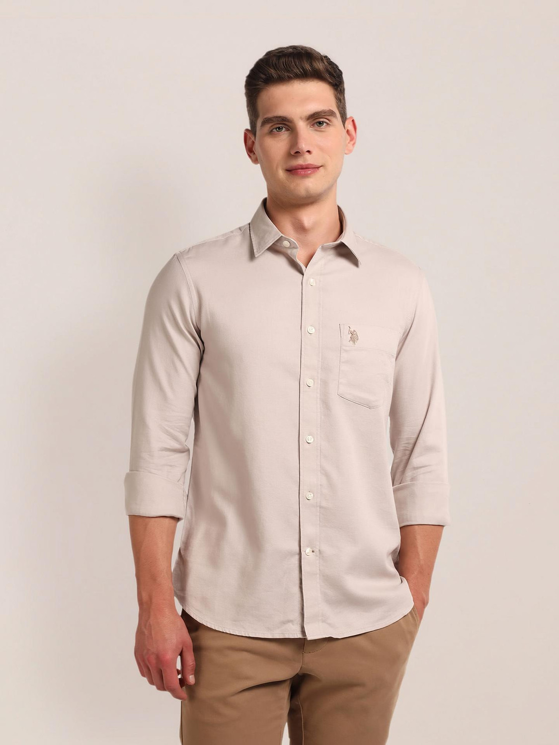 Image of U.S. POLO ASSN. Men Regular Fit Solid Cut Away Collar Casual Shirt