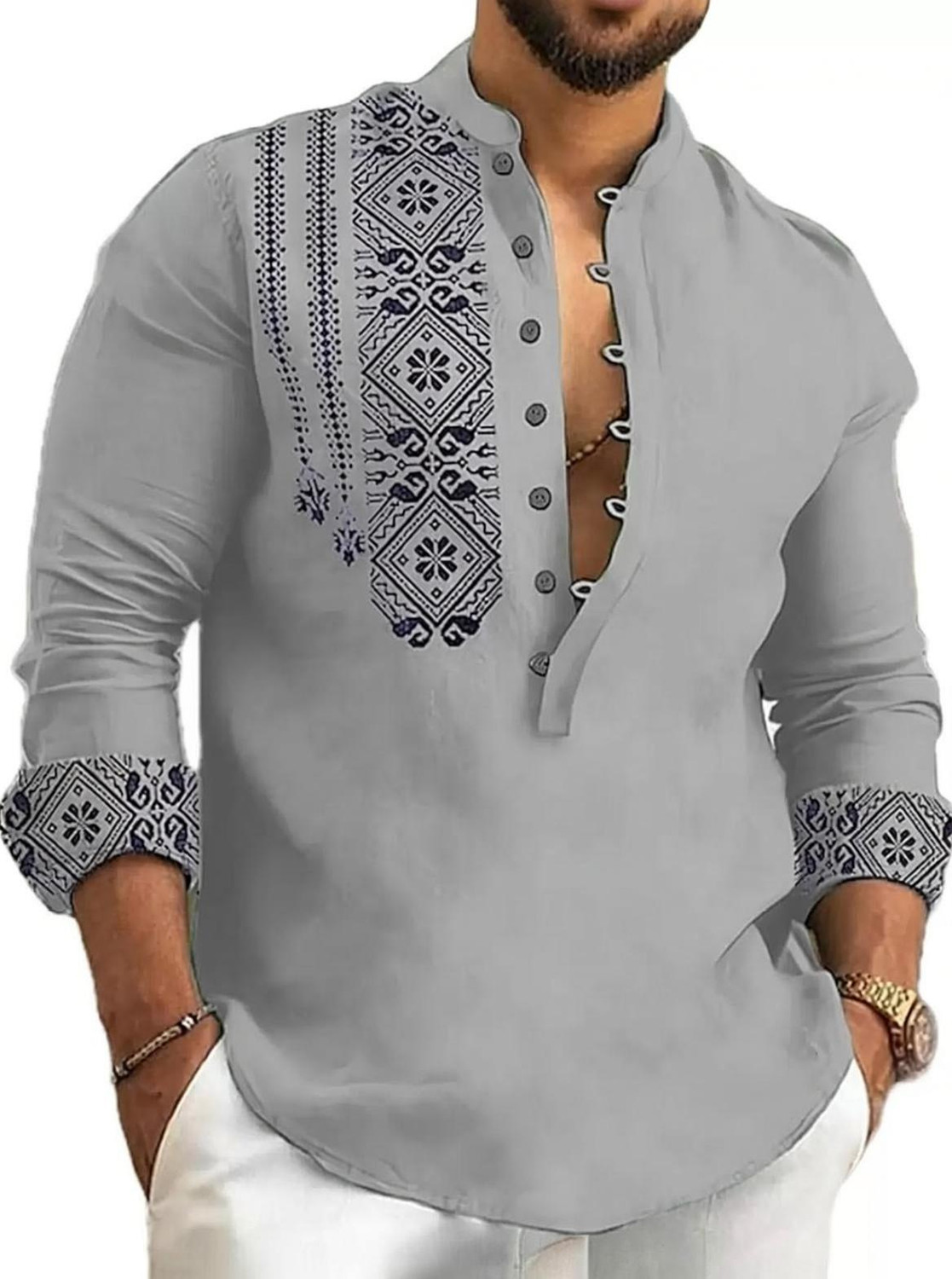 DEEMOON Men Grey Printed Casual Shirt - Image 1