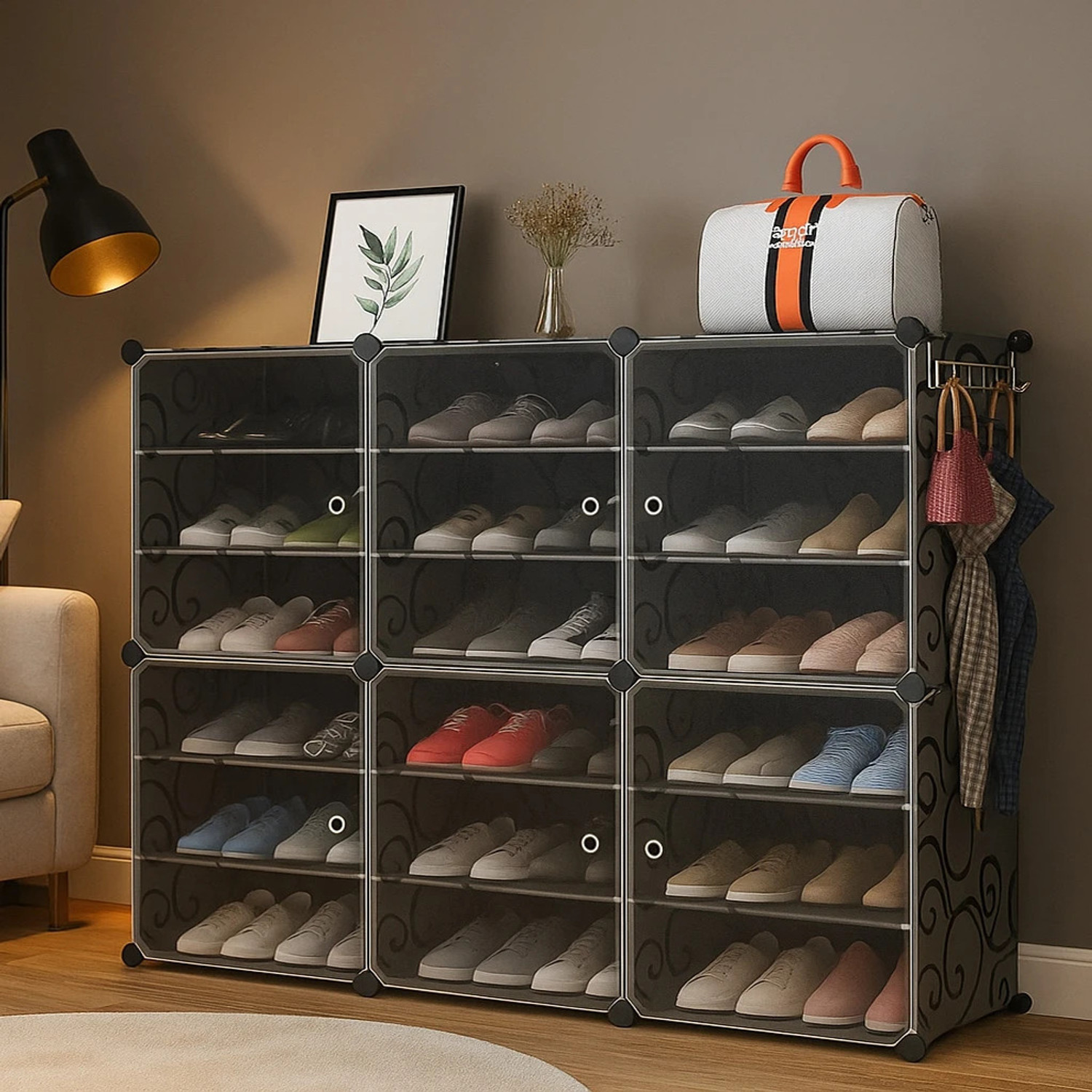 Image of Sasimo 12-Shelf-4-Door Plastic Cubort Shoe Rack Plastic Collapsible Shoe Stand (Grey, 12 Shelves, DIY(Do-It-Yourself))