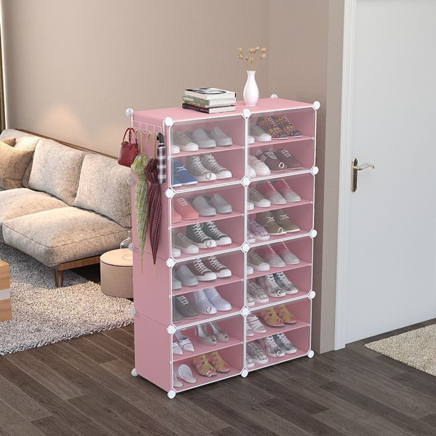 Image of PAffy 8 Door 16 Shelf Plastic Metal Plastic Collapsible Shoe Stand Metal Collapsible Shoe Stand (PINK, 16 Shelves, DIY(Do-It-Yourself))