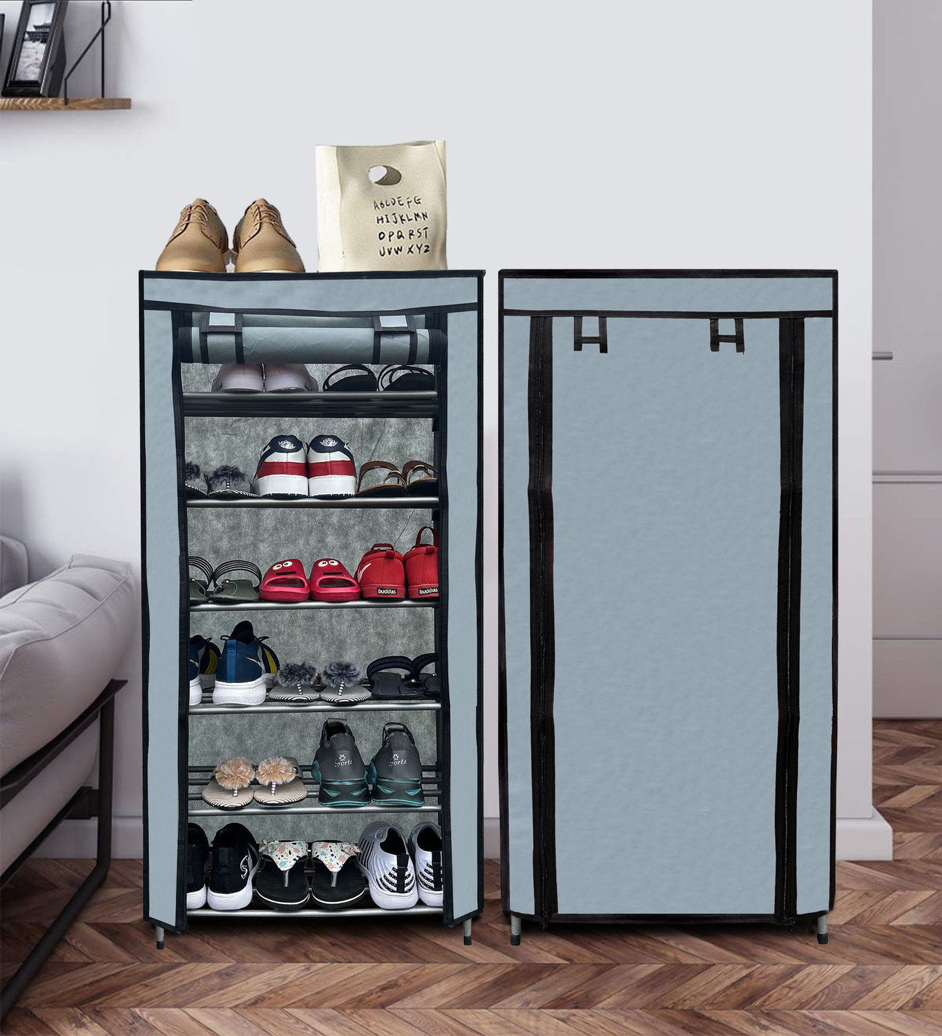 Image of Hayosha 12-Shelf-6-Door Plastic Cubort Shoe Rack Metal, Plastic Collapsible Shoe Stand (18|Black, 18 Shelves, DIY(Do-It-Yourself))