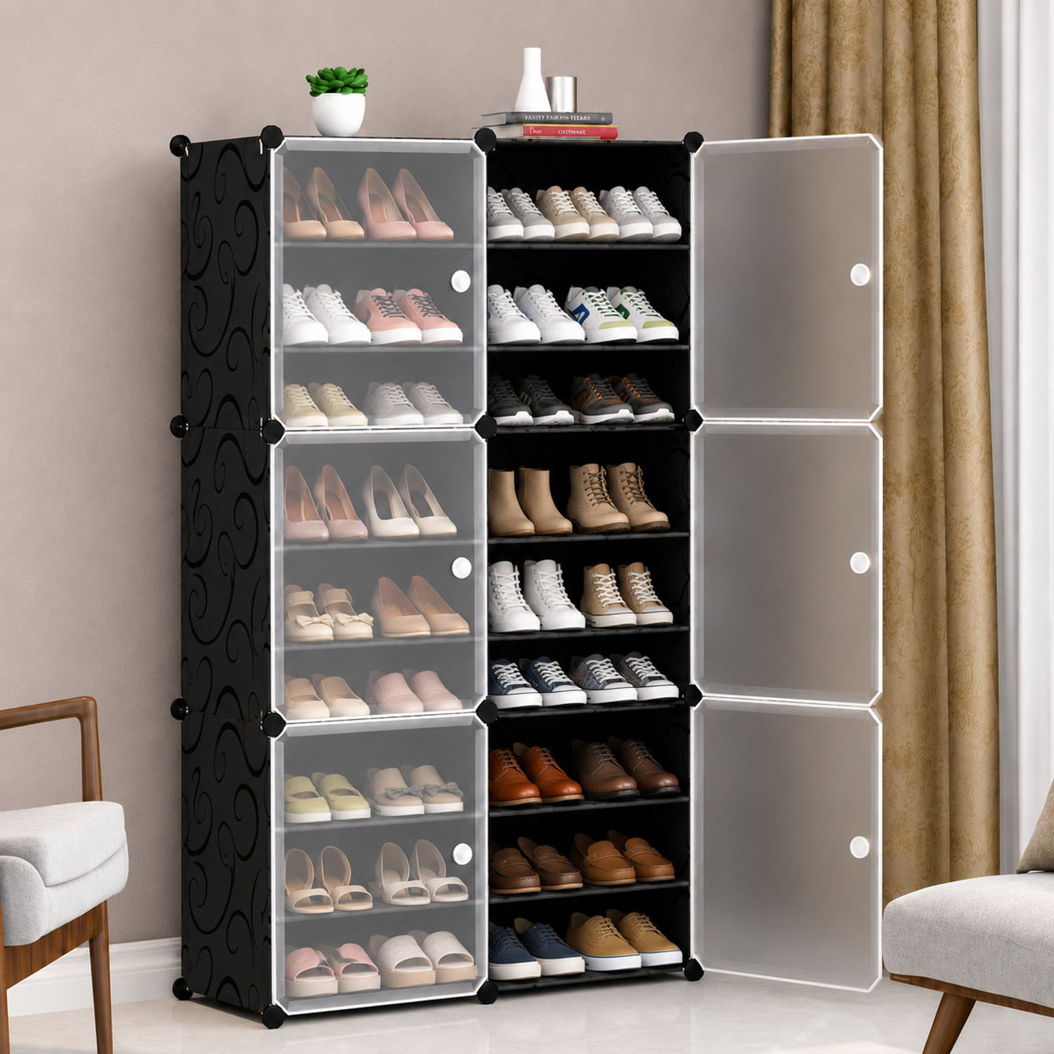 Image of Hayosha 12-Shelf-6-Door Plastic Cubort Shoe Rack Metal, Plastic Collapsible Shoe Stand (18|Black, 18 Shelves, DIY(Do-It-Yourself))