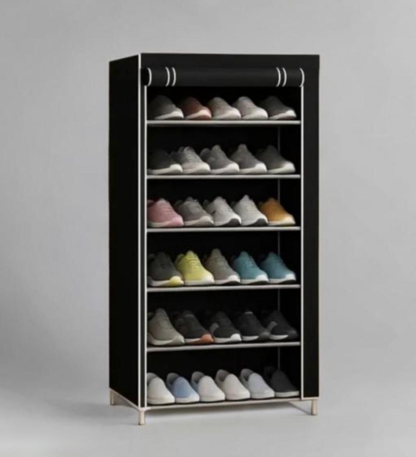 Image of RKE Foldable 6-Layer Shoe Rack with Cover | Dustproof & Portable Plastic Collapsible Shoe Stand (Black, 6 Shelves, DIY(Do-It-Yourself))