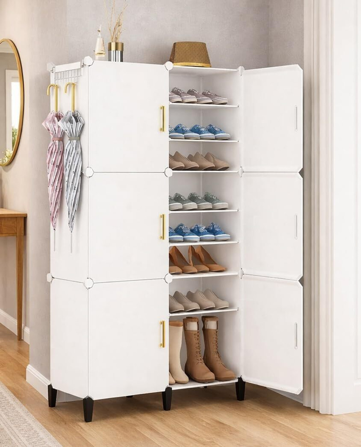 Image of Sasimo 12-Shelf-4-Door Plastic Cubort Shoe Rack Plastic Collapsible Shoe Stand (Grey, 12 Shelves, DIY(Do-It-Yourself))