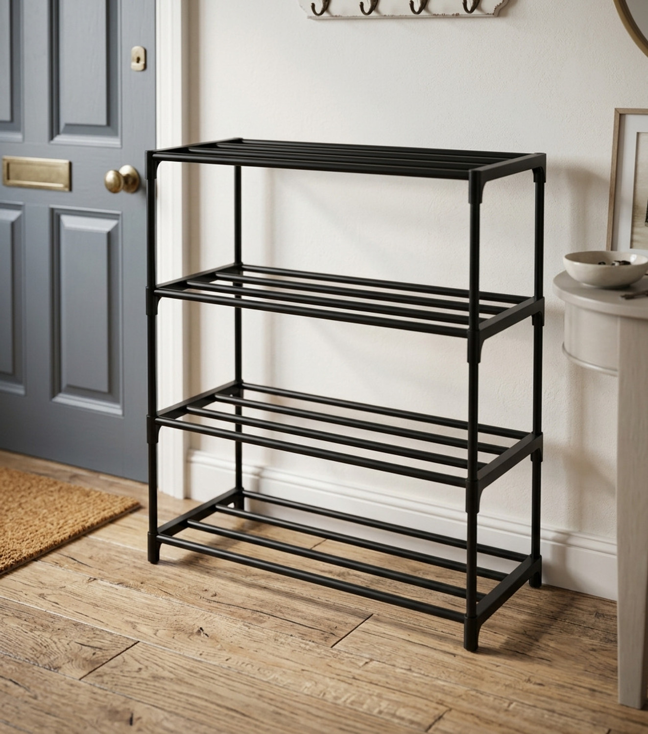 Image of RKE Foldable 6-Layer Shoe Rack with Cover | Dustproof & Portable Plastic Collapsible Shoe Stand (Black, 6 Shelves, DIY(Do-It-Yourself))