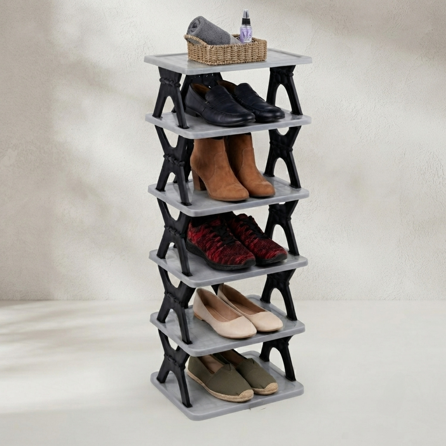 Image of Nilkamal Freedom Mini 09 (FMSC09) Sandy & Dark Brown Plastic Shoe Rack (Sandy and Dark Brown, 3 Shelves, DIY(Do-It-Yourself))