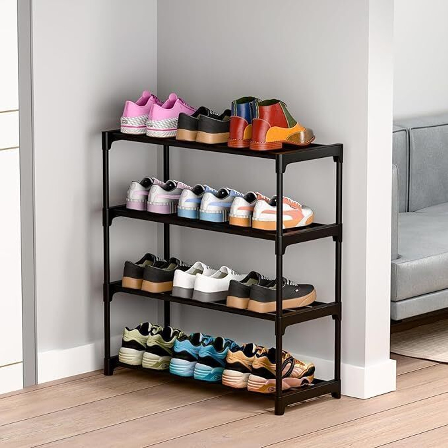 Image of RUSHIL WERE 3 Shelves Premium Metal and Durable, Easy to Assemble, Space Saving Shoe Rack Metal, Plastic Shoe Stand (Black, 3 Shelves, DIY(Do-It-Yourself))