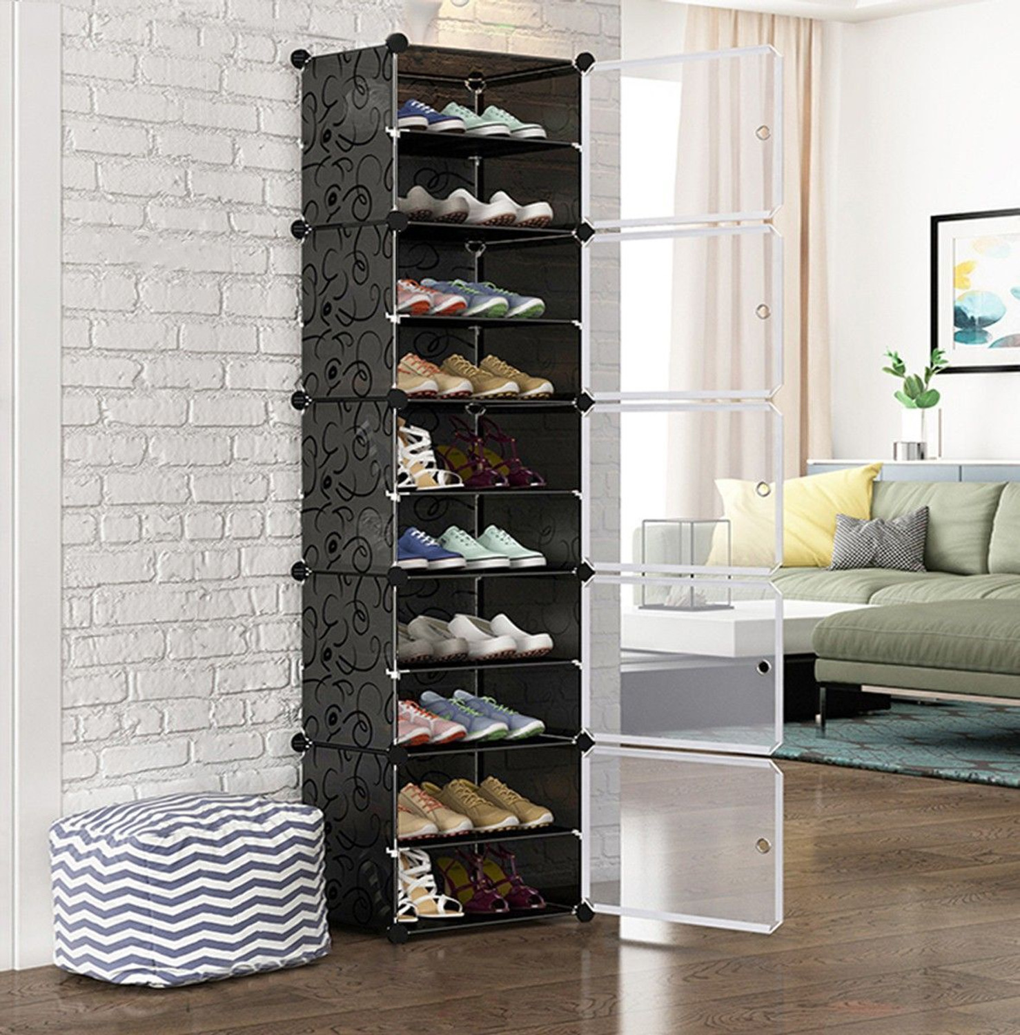 Image of Hayosha 12-Shelf-6-Door Plastic Cubort Shoe Rack Metal, Plastic Collapsible Shoe Stand (18|Black, 18 Shelves, DIY(Do-It-Yourself))