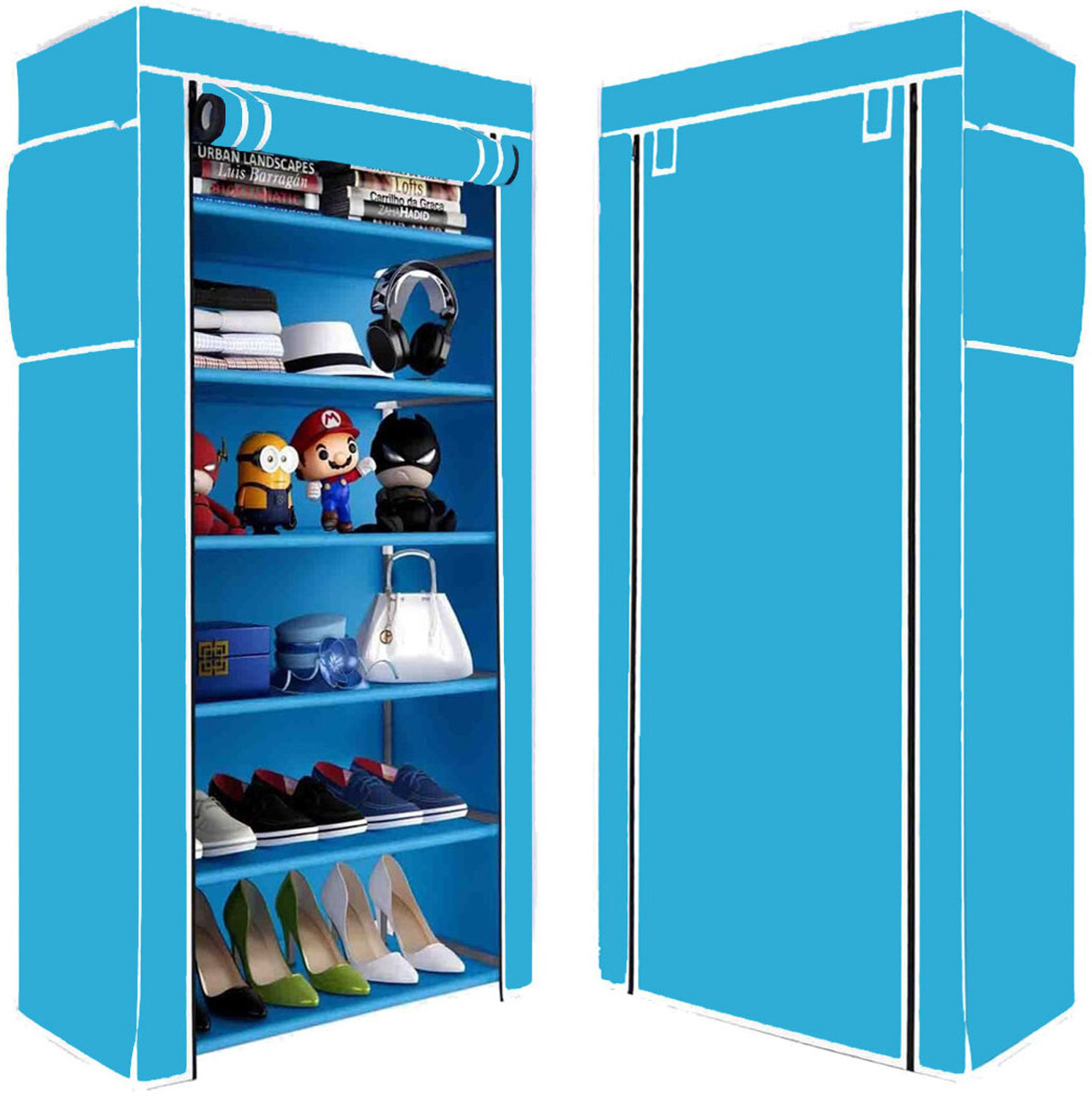 Image of RKE Foldable 6-Layer Shoe Rack with Cover | Dustproof & Portable Plastic Collapsible Shoe Stand (Black, 6 Shelves, DIY(Do-It-Yourself))
