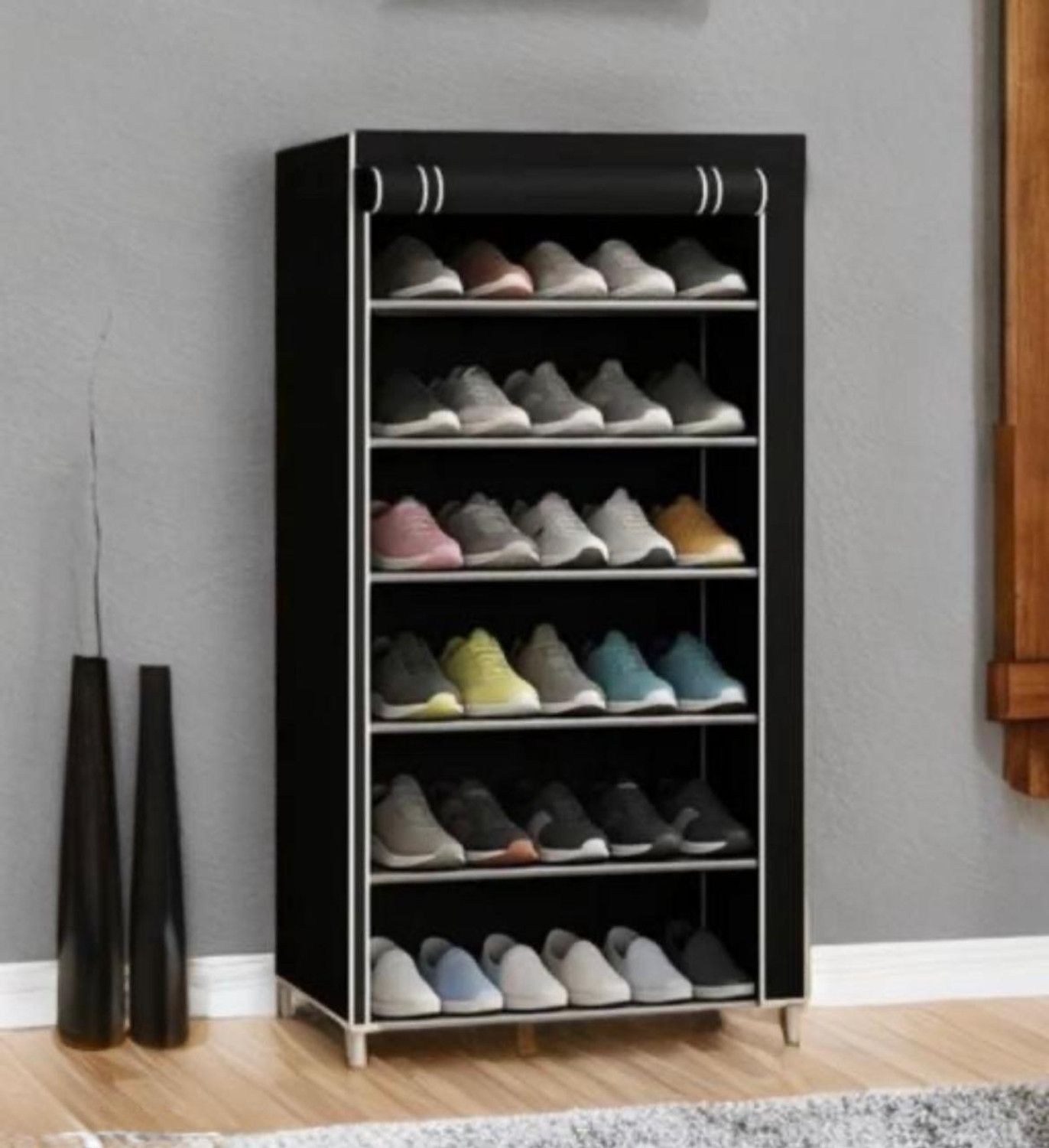 Image of RKE Foldable 6-Layer Shoe Rack with Cover | Dustproof & Portable Plastic Collapsible Shoe Stand (Black, 6 Shelves, DIY(Do-It-Yourself))