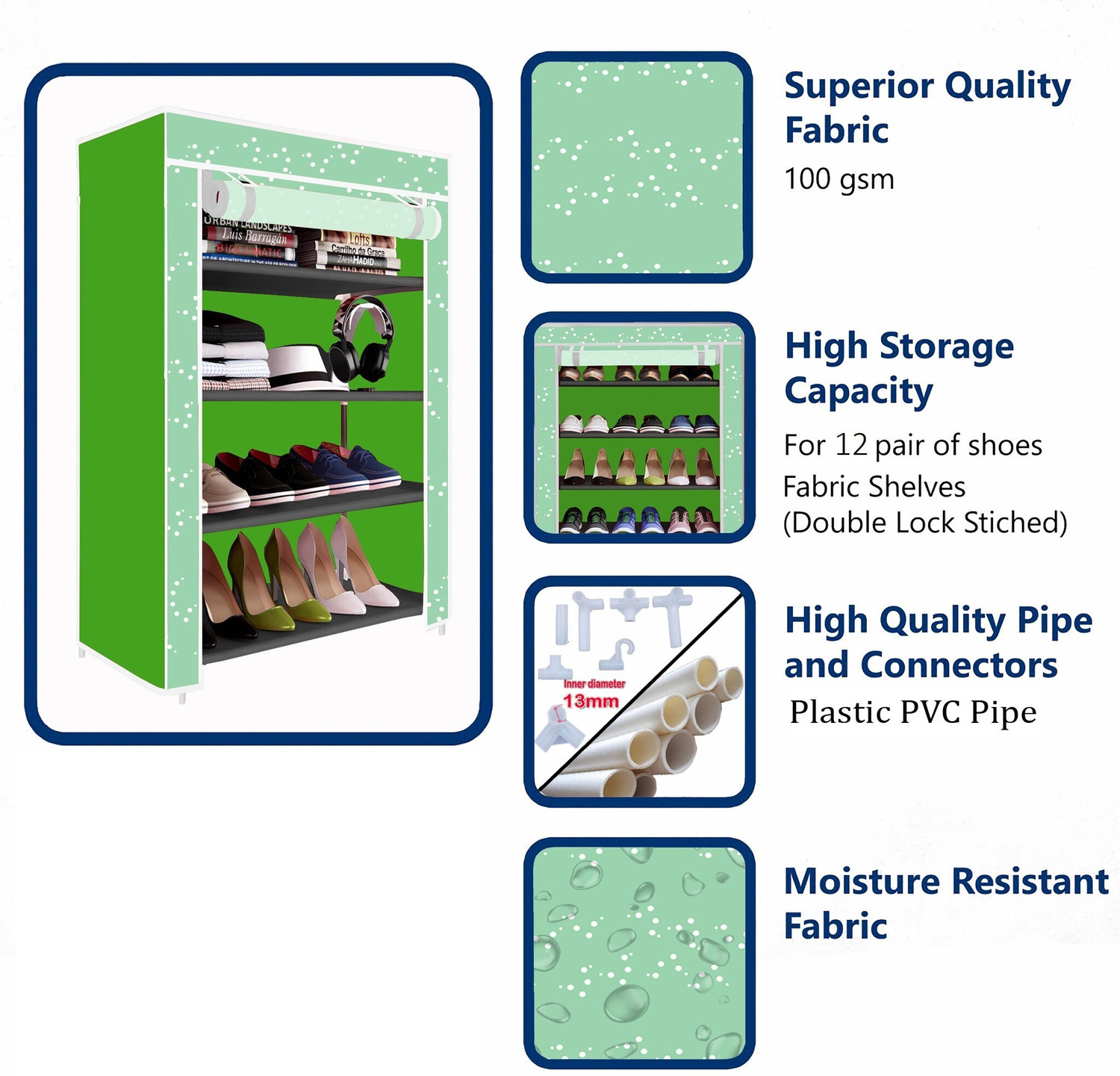 Image of LOOKNSNAP 4 Shelf Foldable Collapsible ShoeRack Metal, Plastic Shoe Stand (5-Green, 4 Shelves, DIY(Do-It-Yourself))