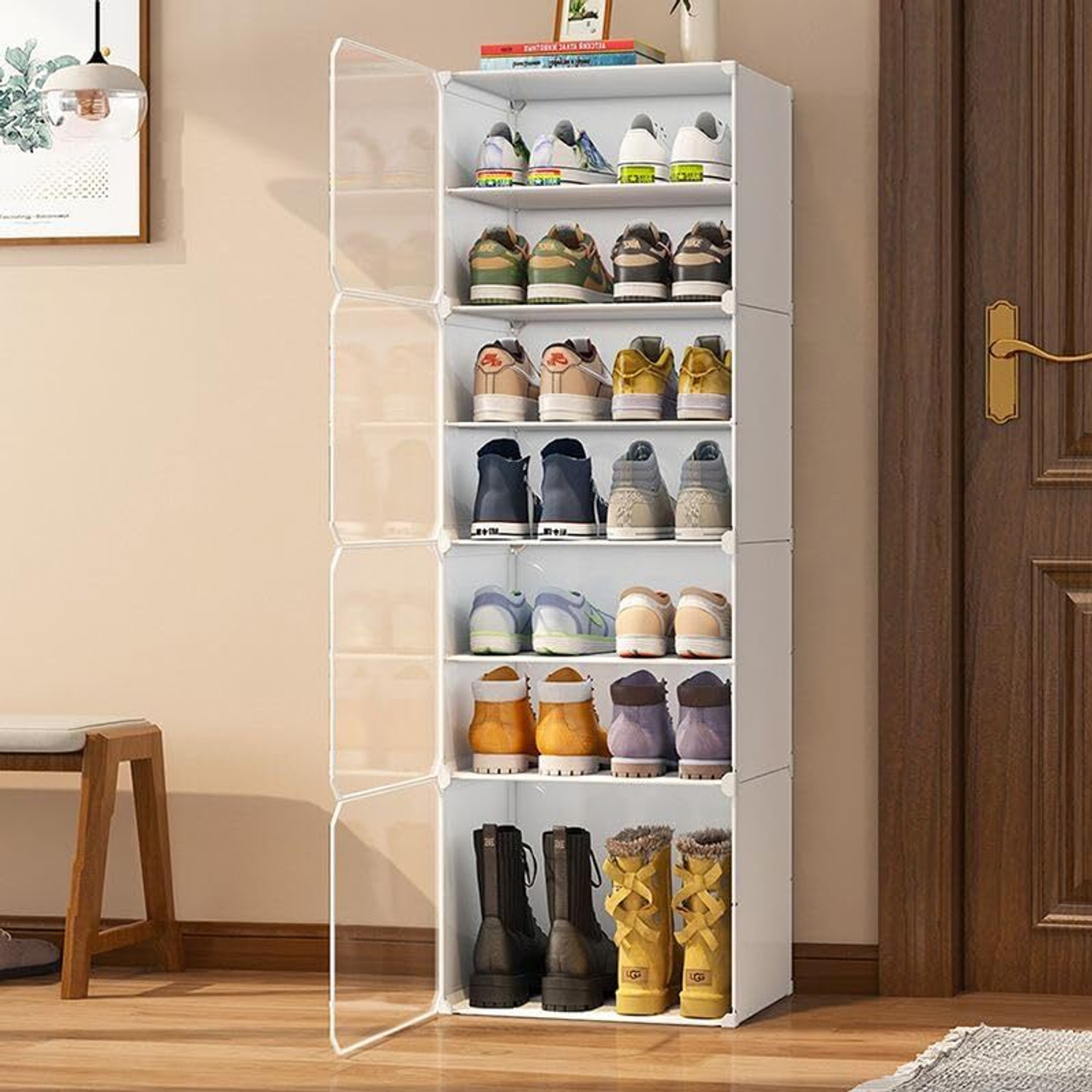 Image of FORMONIX 7-Shelf-4-Door Plastic Cupboard Shoe Rack Plastic, Metal Collapsible Shoe Stand (B4-White, 7 Shelves, DIY(Do-It-Yourself))