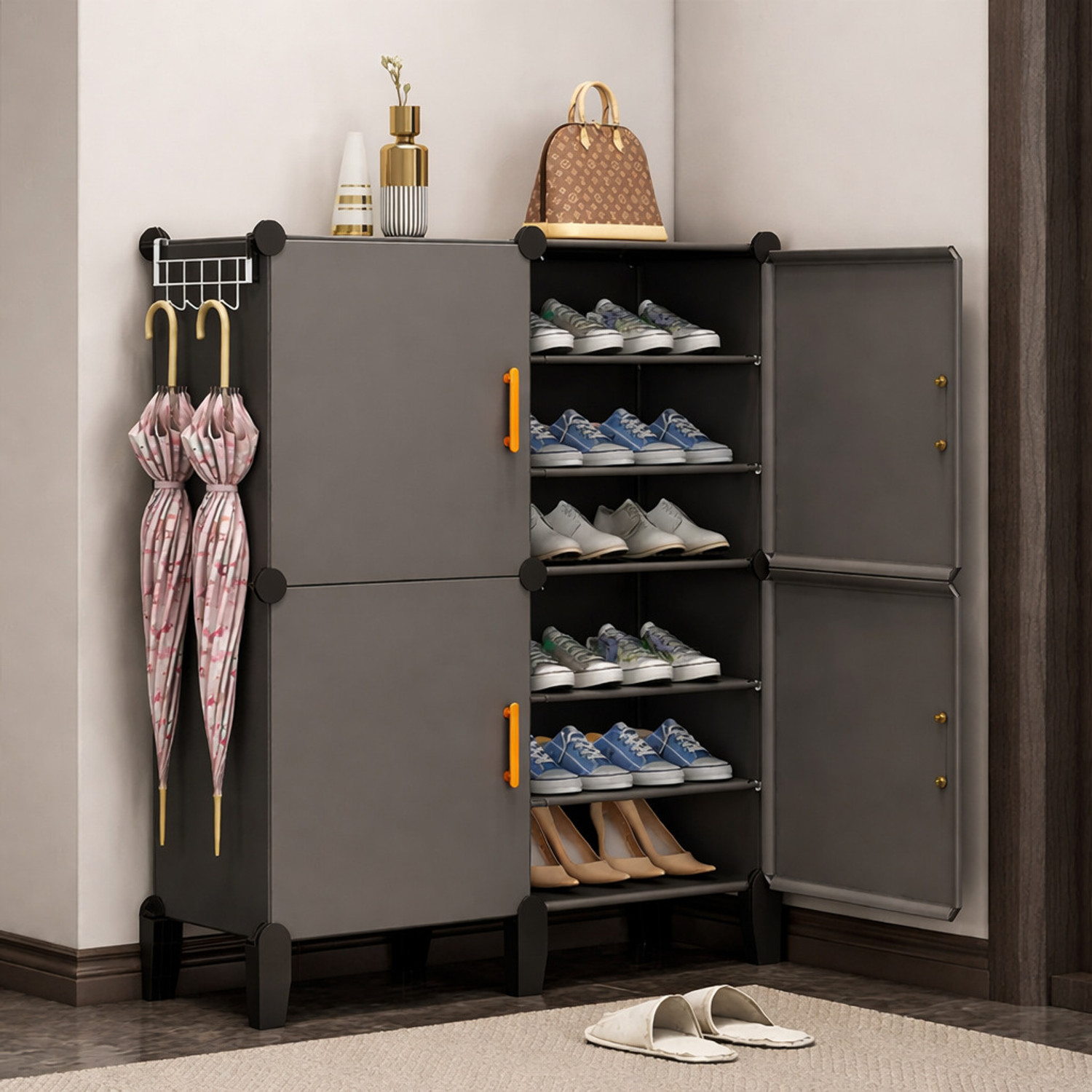 Image of Sasimo 12-Shelf-4-Door Plastic Cubort Shoe Rack Plastic Collapsible Shoe Stand (Grey, 12 Shelves, DIY(Do-It-Yourself))
