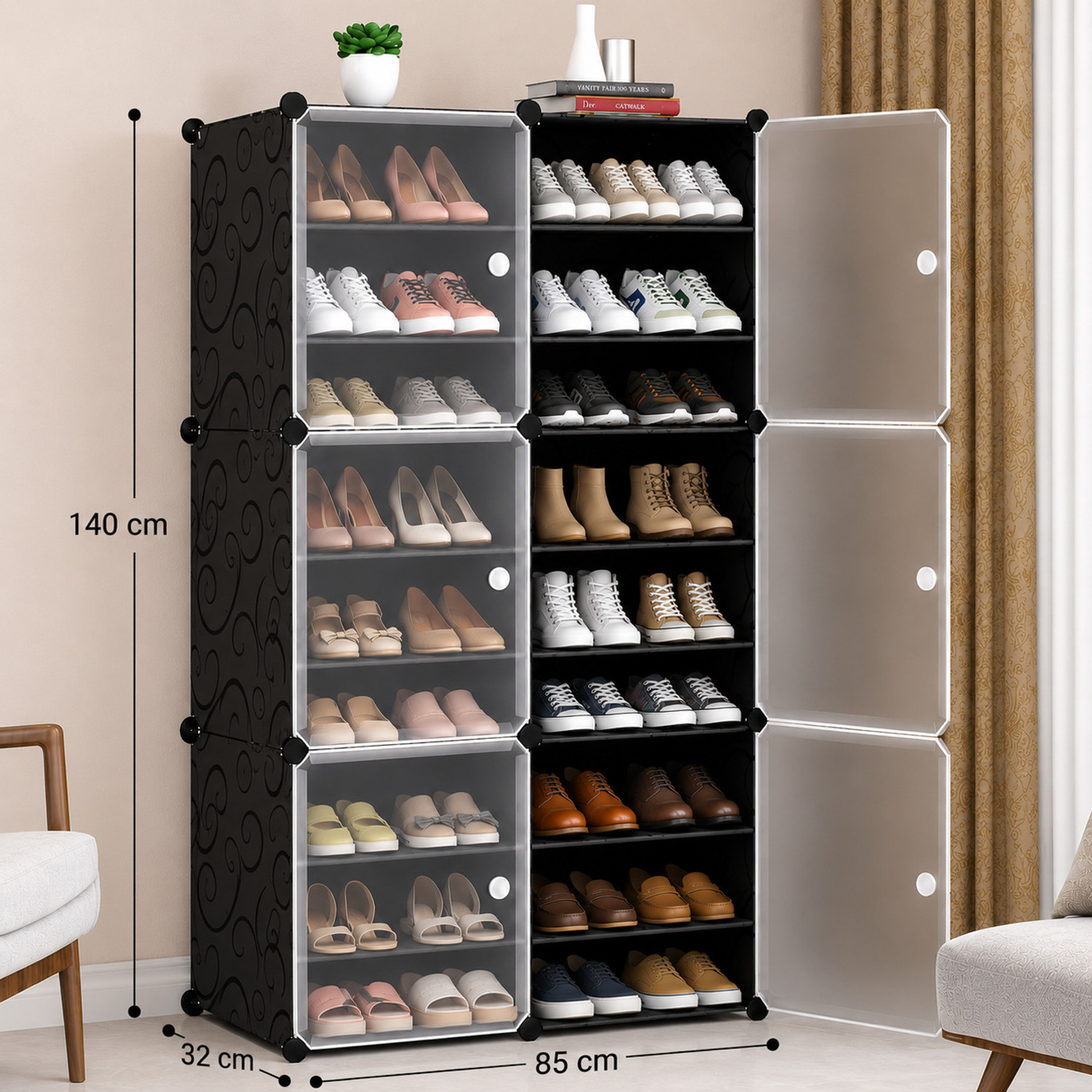Image of Hayosha 12-Shelf-6-Door Plastic Cubort Shoe Rack Metal, Plastic Collapsible Shoe Stand (18|Black, 18 Shelves, DIY(Do-It-Yourself))