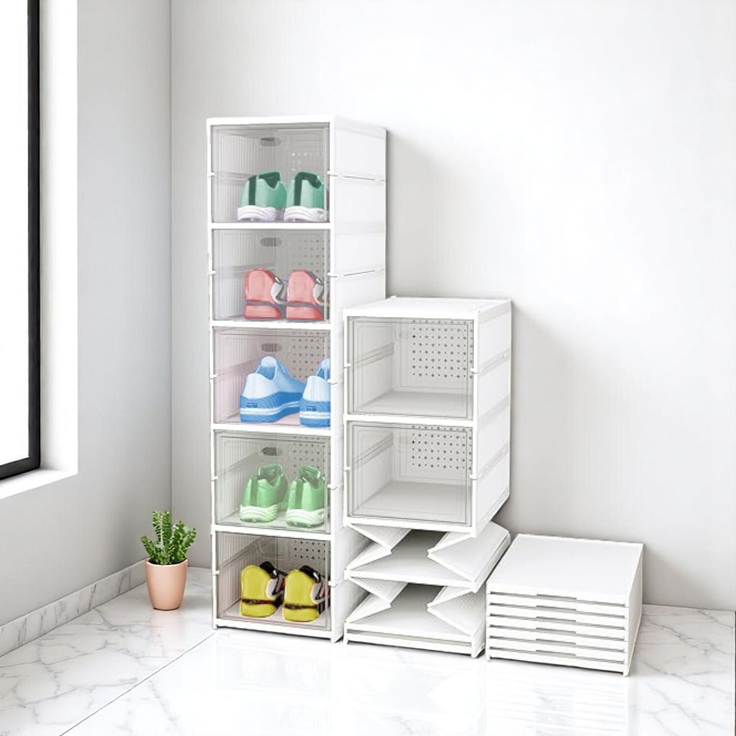 Image of RKE Storage Rack 4 Layers Plastic Collapsible Shoe Stand (Tray rack 4 row., 4 Shelves, DIY(Do-It-Yourself))