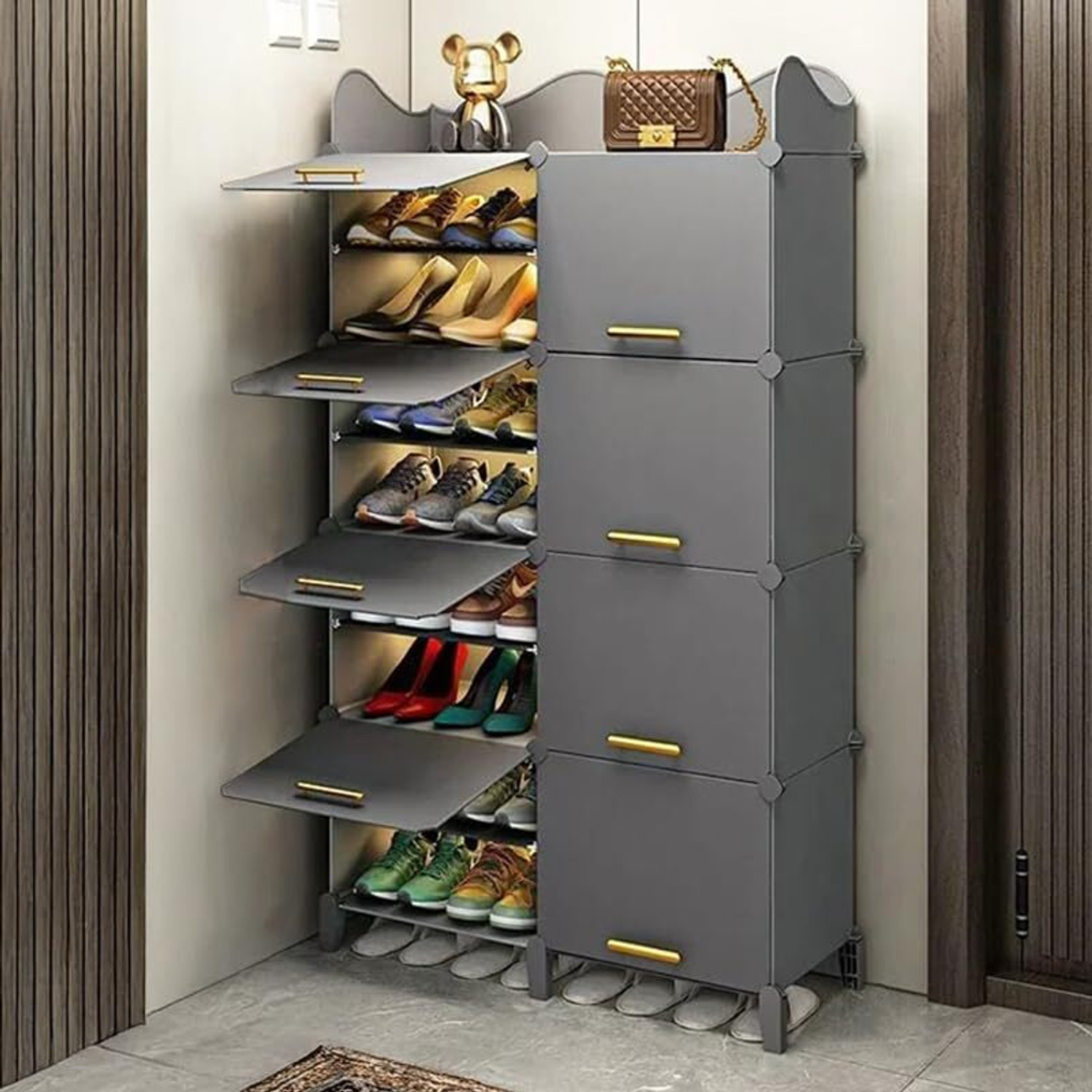 Image of FORMONIX 16-Shelves-8-Door Shoe, Multipurpose Storage Rack Plastic, Metal Collapsible Shoe Stand (HI1-Grey, 16 Shelves, DIY(Do-It-Yourself))