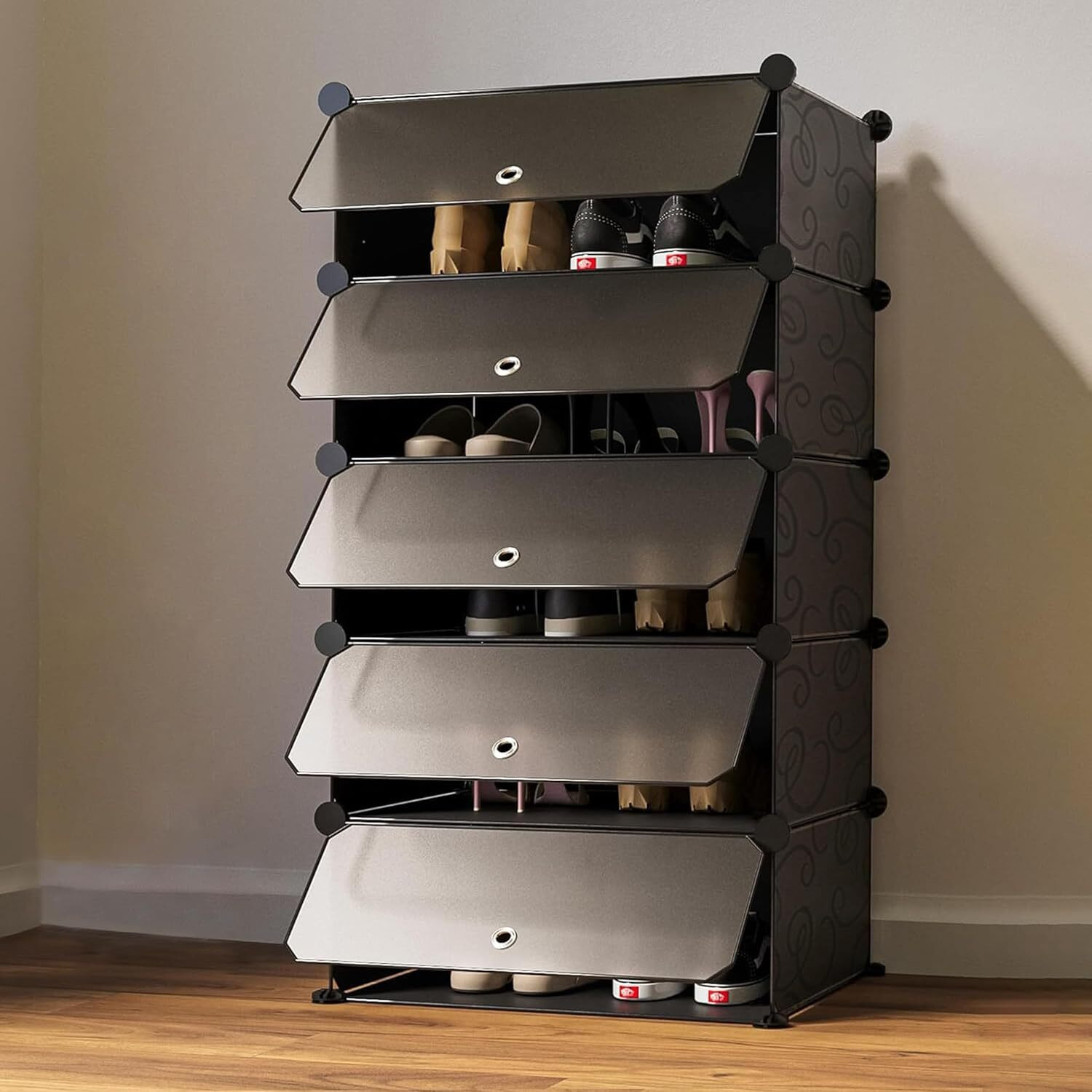 Image of Hayosha 12-Shelf-6-Door Plastic Cubort Shoe Rack Metal, Plastic Collapsible Shoe Stand (18|Black, 18 Shelves, DIY(Do-It-Yourself))