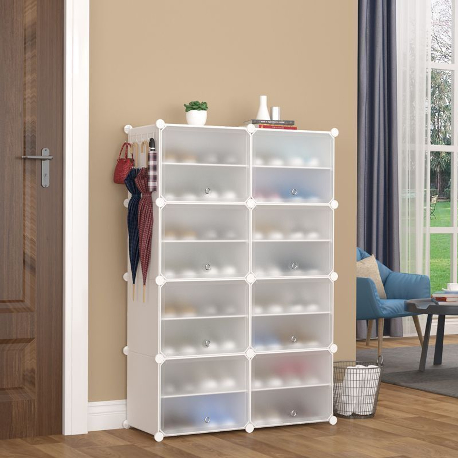 Image of MEZIRE 8 Door 16 Shelf Plastic Metal Plastic Collapsible Shoe Stand Metal, Plastic Shoe Stand (Off White, 16 Shelves, DIY(Do-It-Yourself))