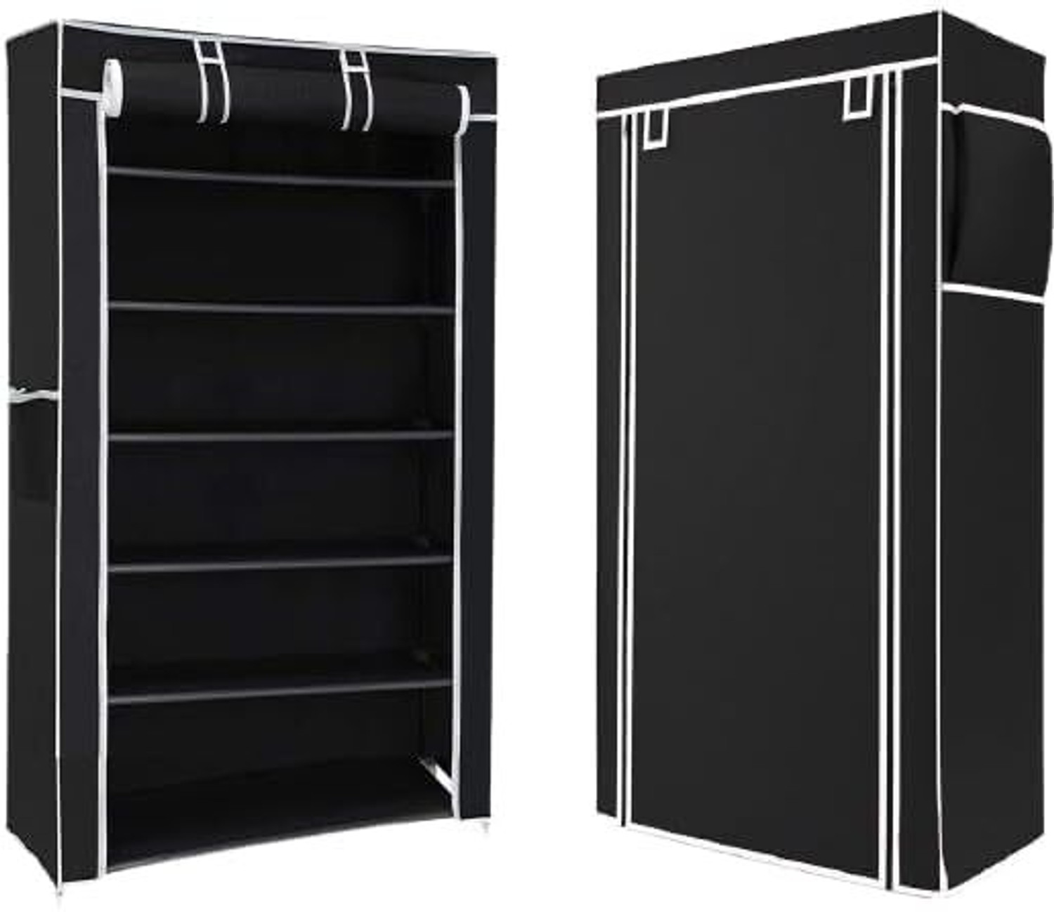 Image of RKE Foldable 6-Layer Shoe Rack with Cover | Dustproof & Portable Plastic Collapsible Shoe Stand (Black, 6 Shelves, DIY(Do-It-Yourself))